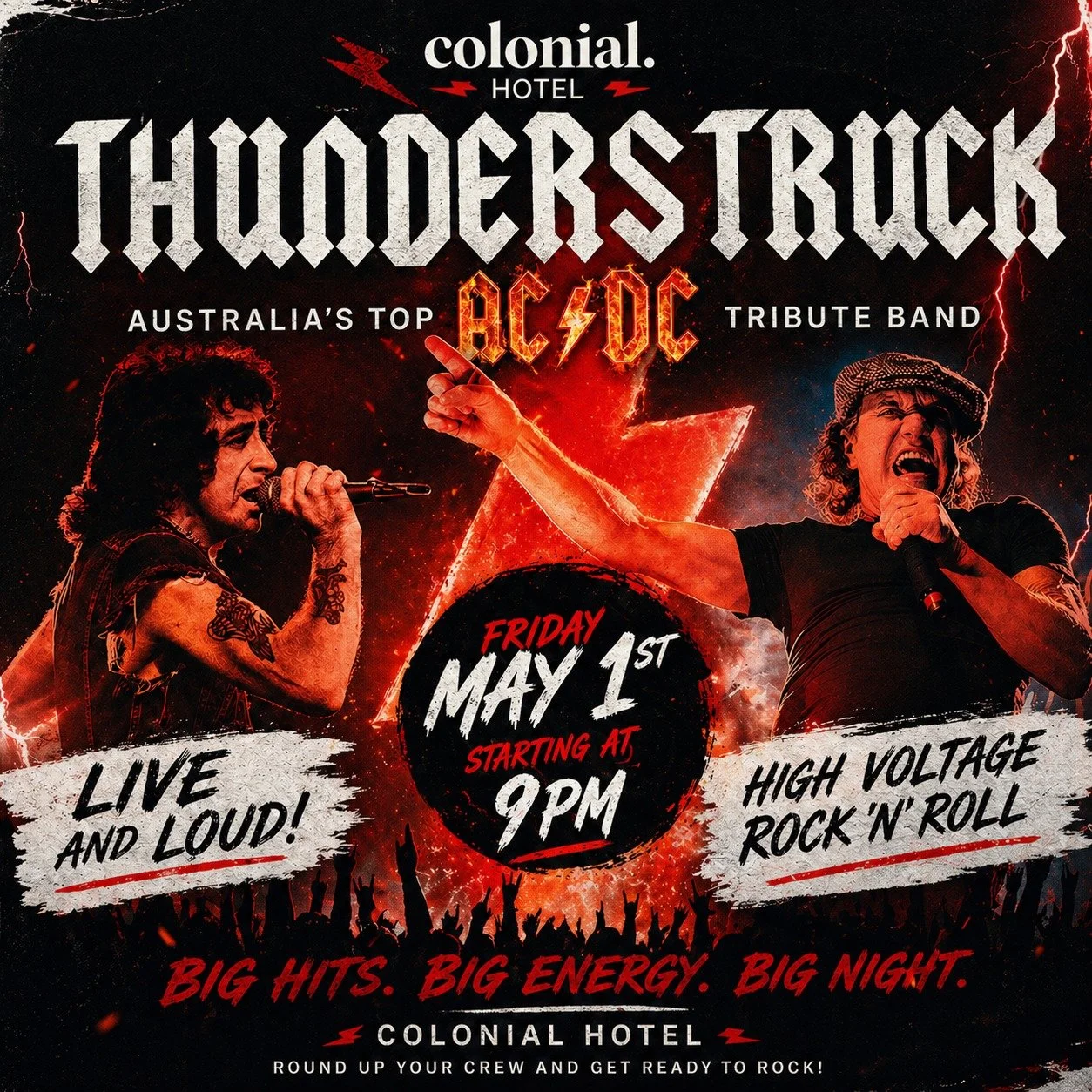 ⚡️🔥 FRIDAY NIGHT = FULL ROCK MODE 🔥⚡️

THUNDERSTRUCK is taking over the Colonial 🤘
Australia&rsquo;s top AC⚡DC tribute bringing the BIGGEST hits, loudest riffs &amp; pure chaos energy 🎸

📅 Friday May 1st
⏰ From 9PM
📍 Colonial Hotel

This isn&rs