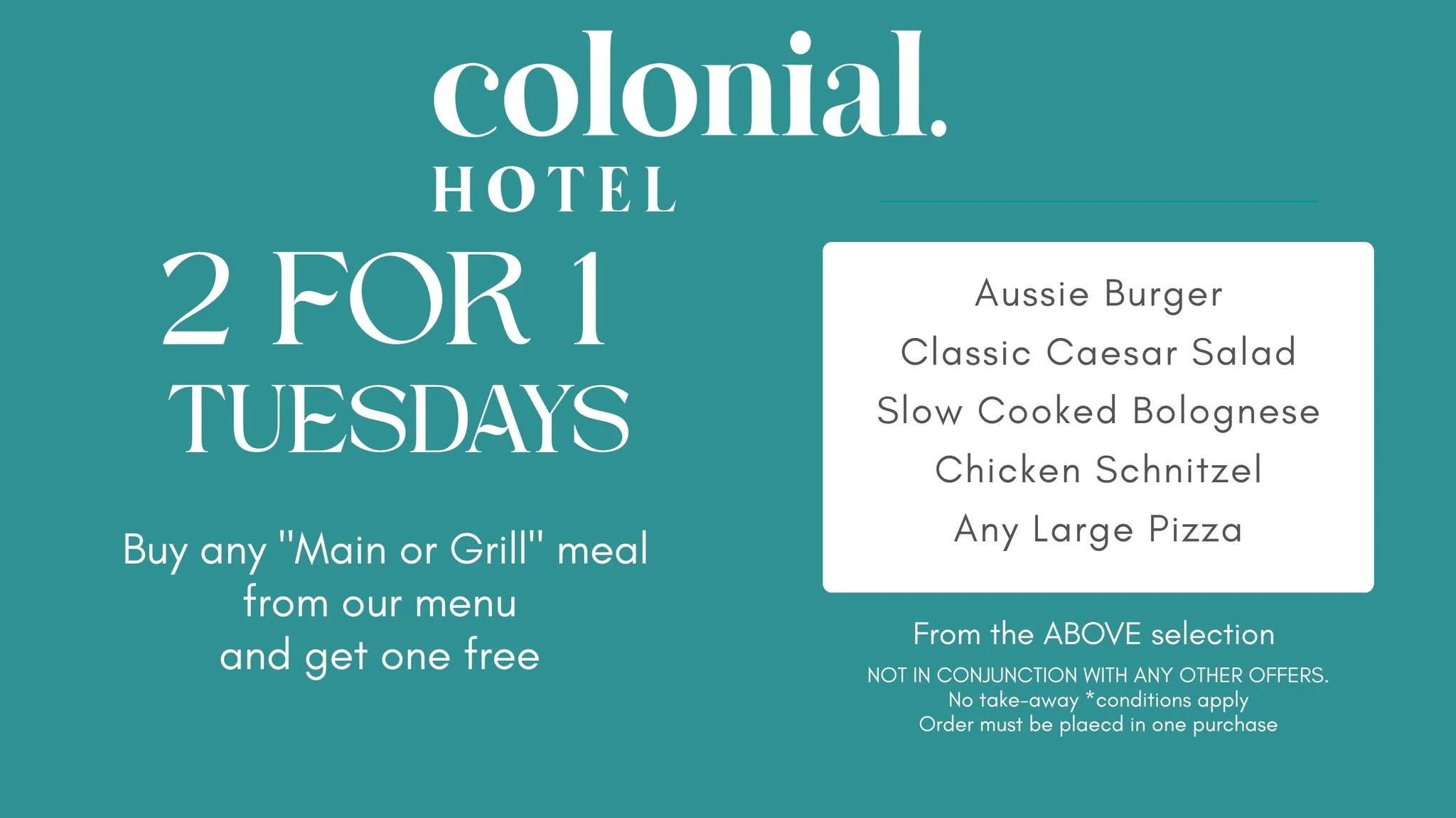 🔥 2 FOR 1 TUESDAYS = sorted dinner plans 🔥

Why pay full price when you can double up? 👀
Buy any main or grill meal and get the second one FREE 🙌

🍔 Schnittys
🍝 Bolognese
🍕 Large pizzas
🥗 Caesar salads
&hellip;and more

Grab a mate, date, or 