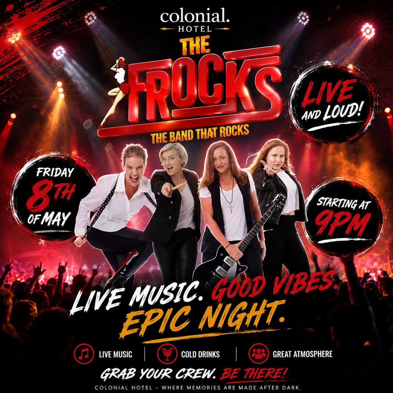 🔥 TONIGHT AT THE COLONIAL 🔥
The Frocks are hitting the stage LIVE &amp; LOUD from 9PM tonight 🎸🤘
If you&rsquo;re chasing:
🍻 Ice cold drinks
🎶 Massive live tunes
🕺 Good vibes &amp; dancefloor energy
🙌 A proper Friday night out
&hellip;then you