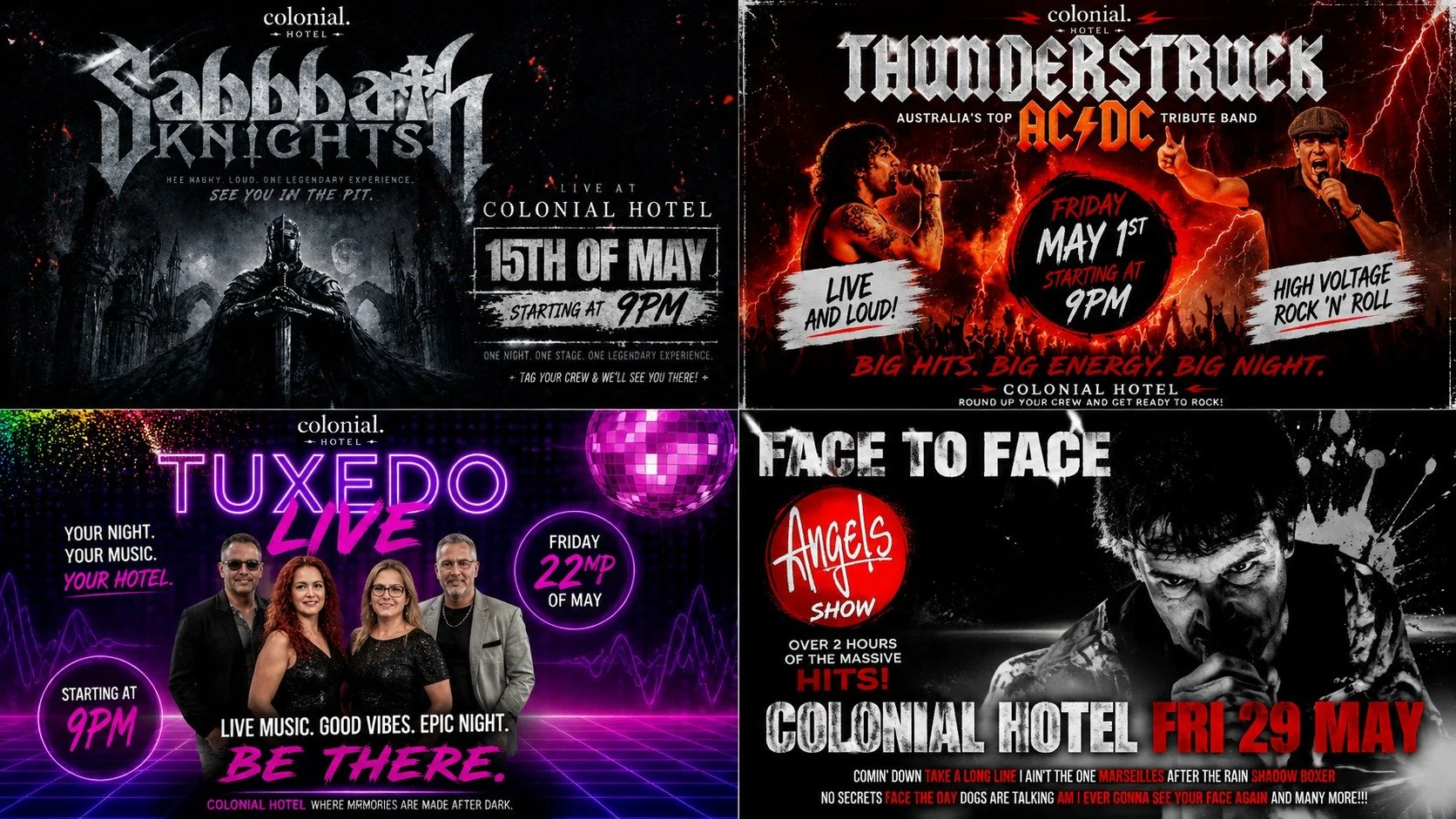 🎸🔥 MAY IS STACKED AT THE COLONIAL 🔥🎸
We&rsquo;re bringing HUGE live music nights all month long 🙌
⚡️ Thunderstruck &ndash; Australia&rsquo;s top AC/DC tribute
🤘 Sabbath Knights &ndash; heavy metal madness
🕺 Tuxedo Live &ndash; party hits &amp;