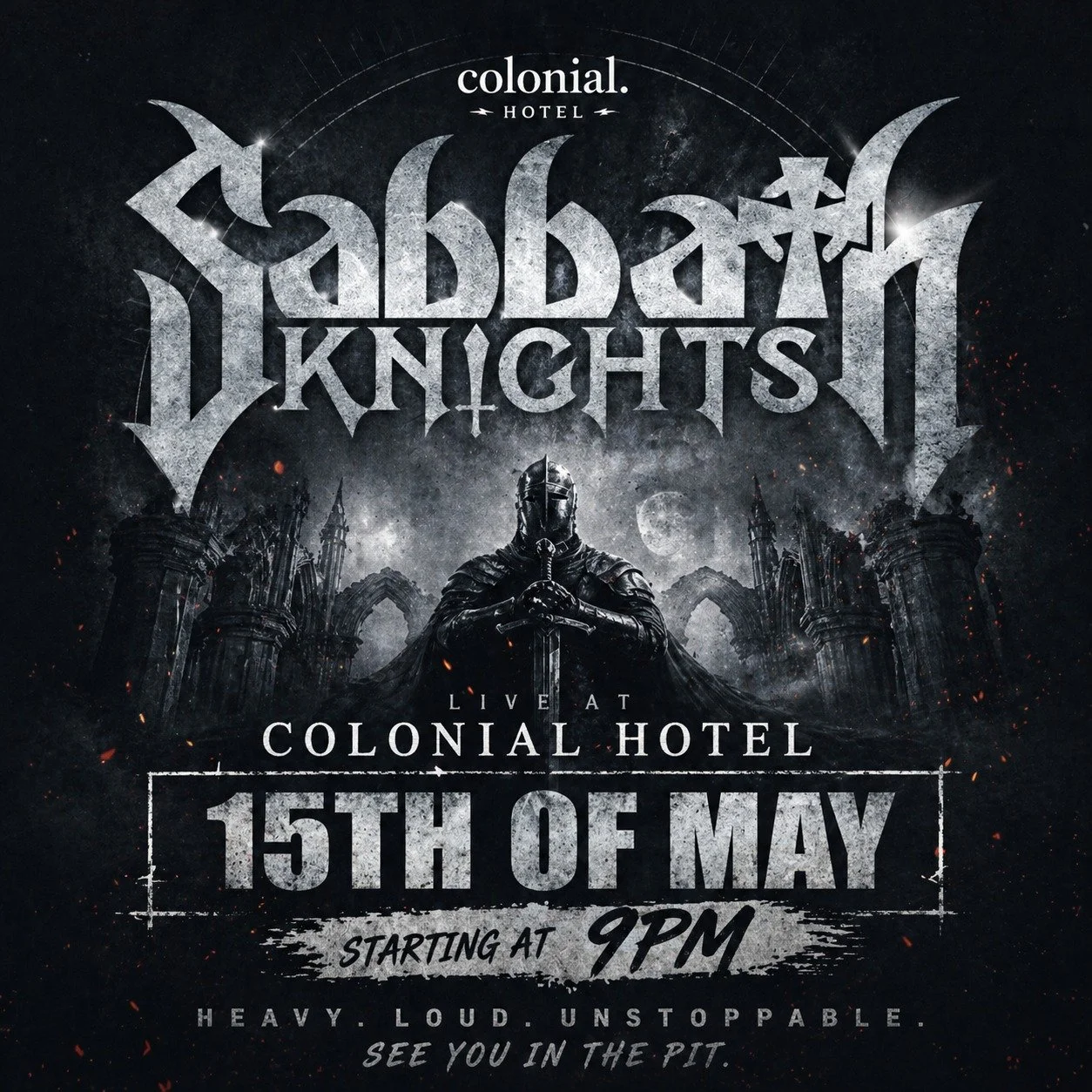 🤘⚔️ SABBATH KNIGHTS LIVE ⚔️🤘
Heavy, loud and ready to take over the Colonial 🔥
Get ready for one massive night of live music as Sabbath Knights hit the stage with a legendary show you won&rsquo;t want to miss.
📅 Friday May 15th
⏰ From 9PM
📍 Colo
