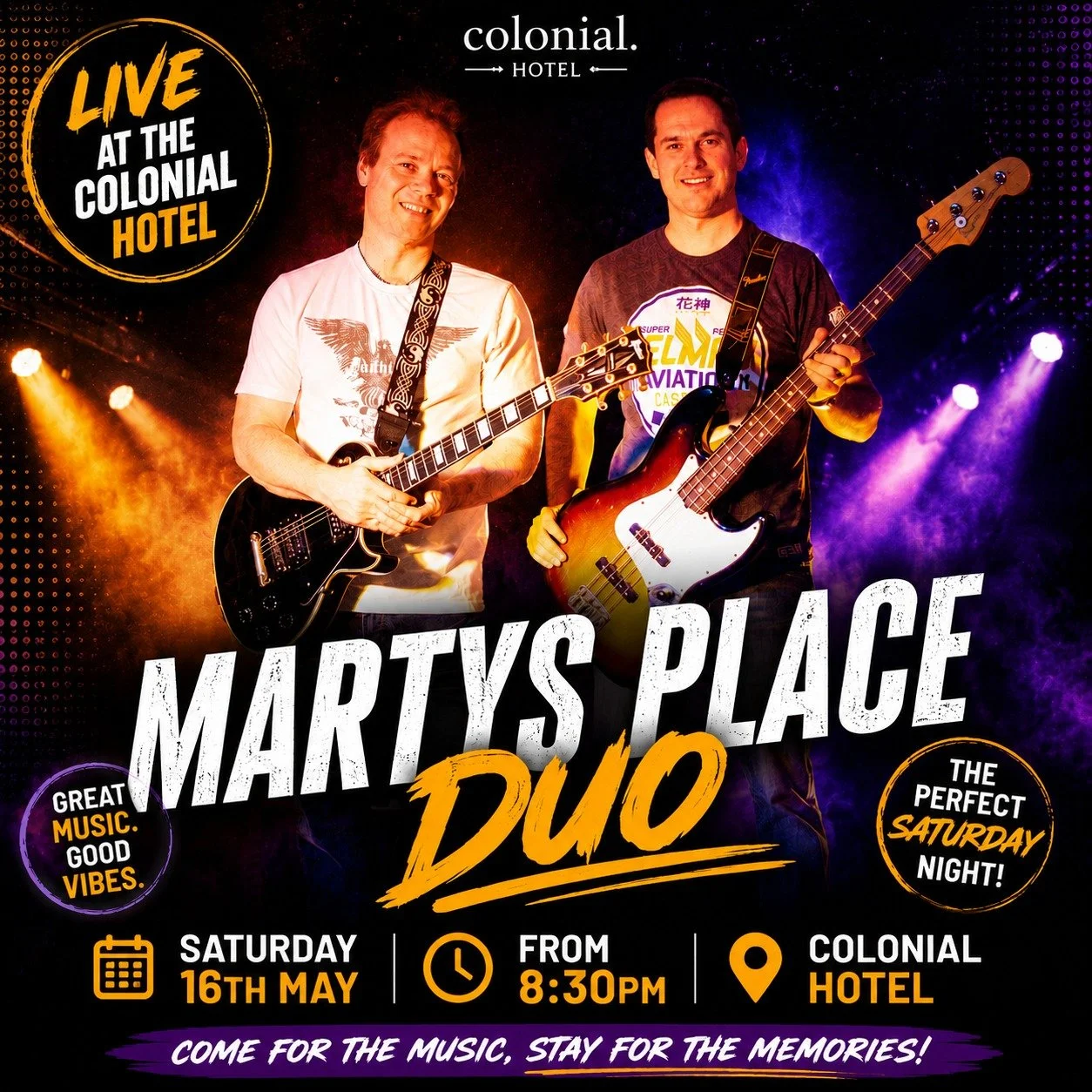 🎶 LIVE MUSIC THIS Saturday 🎶

Marty&rsquo;s Place Duo are hitting the Colonial Hotel stage Saturday 16th May from 8:30pm! 🙌

Grab your crew, settle in, and enjoy a night of great music, good vibes and Saturday night energy. 🍻🎸

📍 Colonial Hotel
