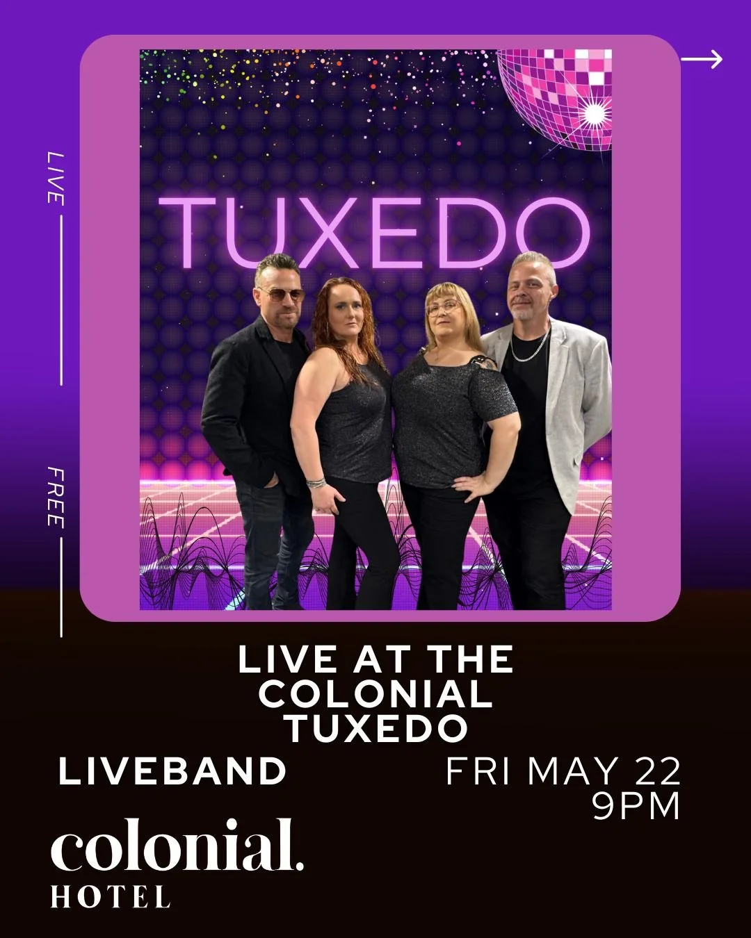 🎤 TONIGHT AT THE COLONIAL 🎤

Tuxedo are hitting the stage live from 9PM tonight and bringing the party vibes with them 🔥

🍻 Cold drinks
🎶 Live music
🕺 Dancefloor energy
🙌 Good vibes all night

Round up the crew, get in early and make tonight a