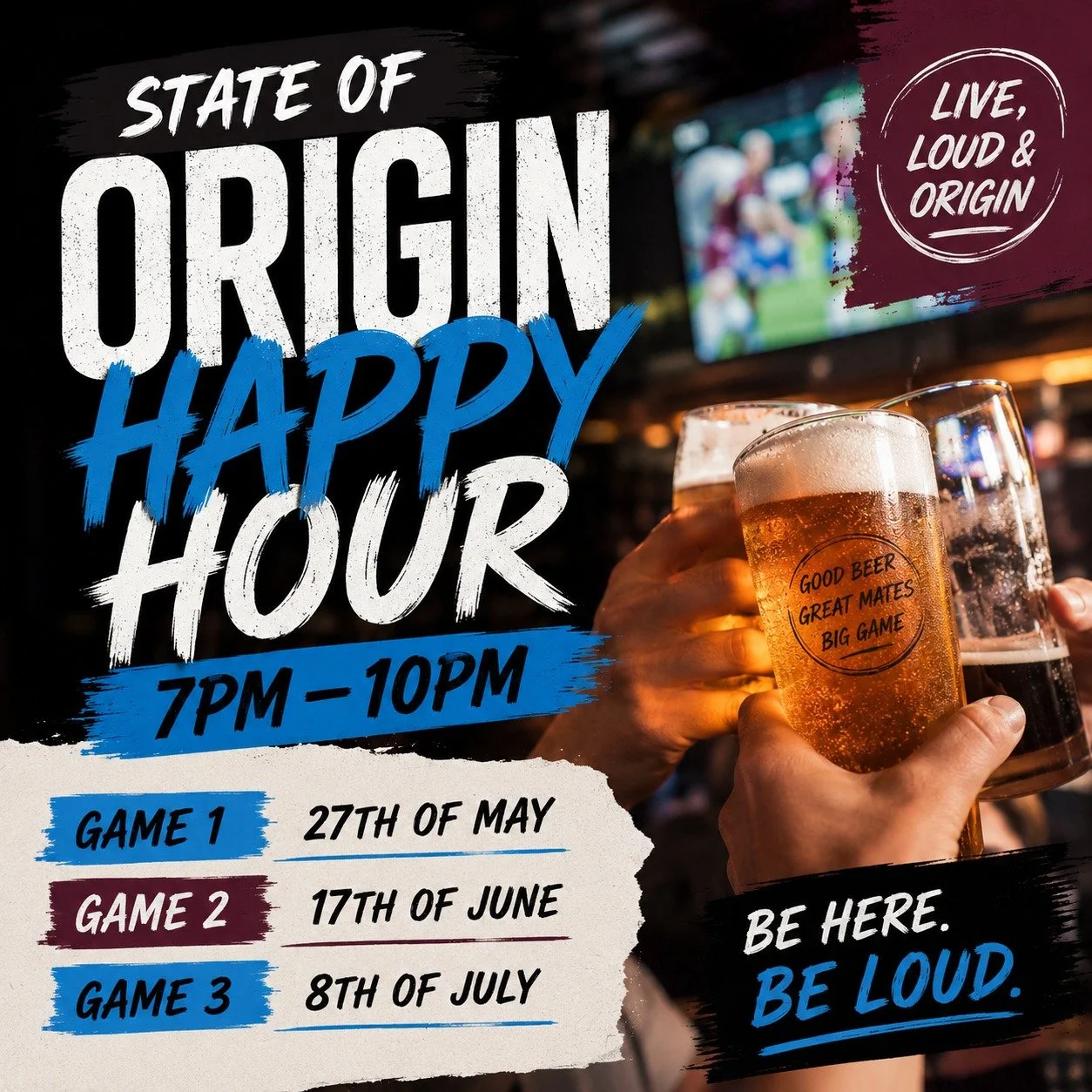 🏉🍻 STATE OF ORIGIN = BETTER AT THE COLONIAL 🍻🏉

The beers are cold, the screens are massive and the atmosphere is going to be absolutely electric 🔥

Join us for every game LIVE &amp; LOUD with:
🍺 Happy Hour from 7PM&ndash;10PM
📺 Every game sho