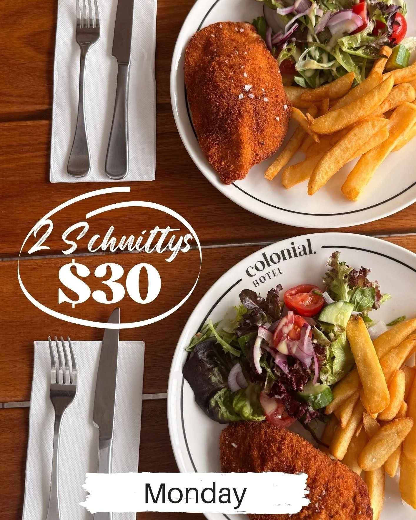 😮&zwj;💨 Mondays never looked so good&hellip;

🍽️ 2 SCHNITTYS FOR JUST $30 🍽️
Golden crumbed schnitzels served with chips &amp; salad &mdash; the perfect Monday feed at the Colonial Hotel 🔥

Grab your mate, your partner or the whole crew and kick