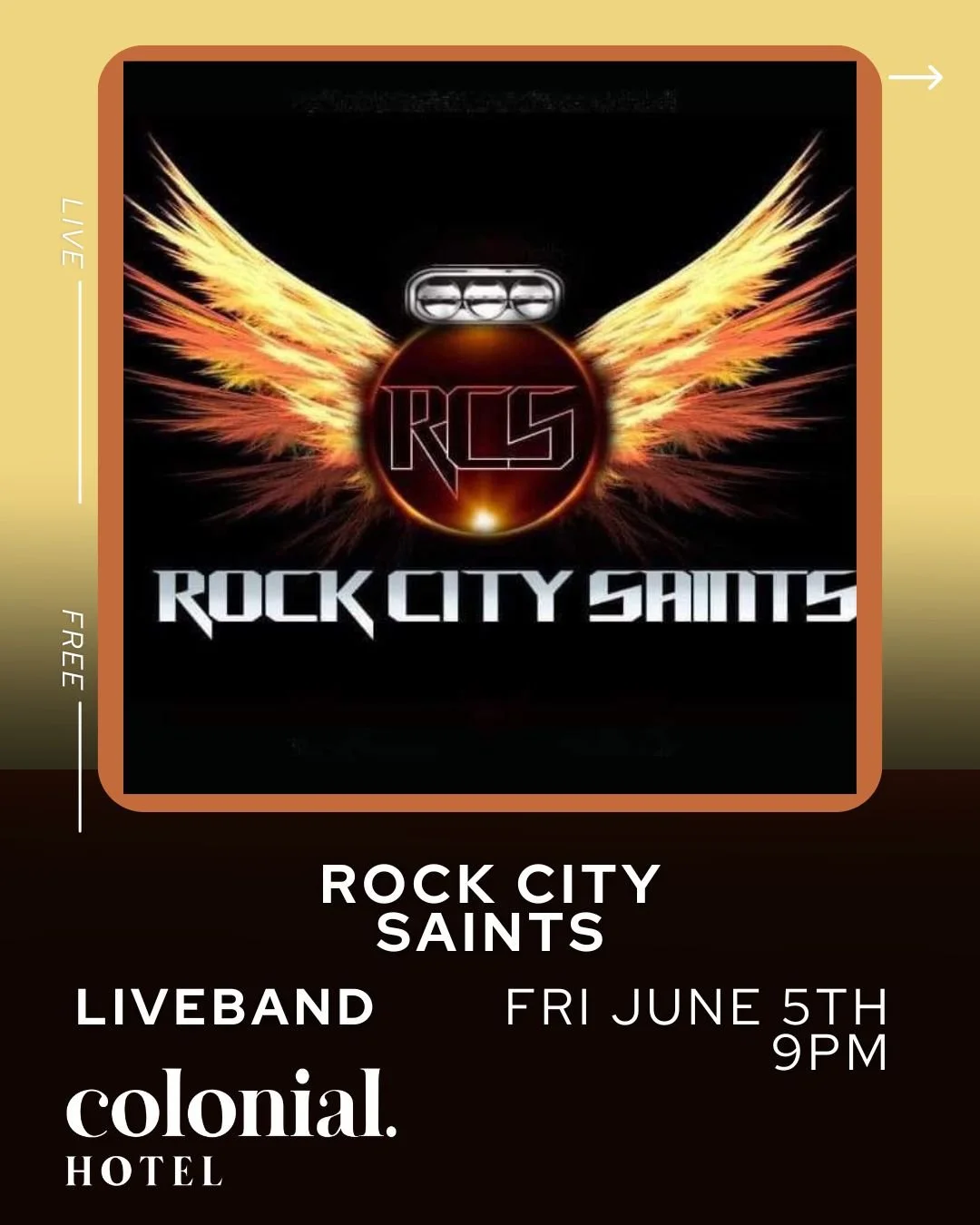 🎸🔥 TONIGHT at the Colonial Hotel &ndash; ROCK CITY SAINTS LIVE! 🔥🎸

The weekend starts here! Get ready for a huge night of classic rock anthems, crowd favourites and all the live music energy you can handle 🤘🍻

🕘 Live from 9PM
📍 Colonial Hote