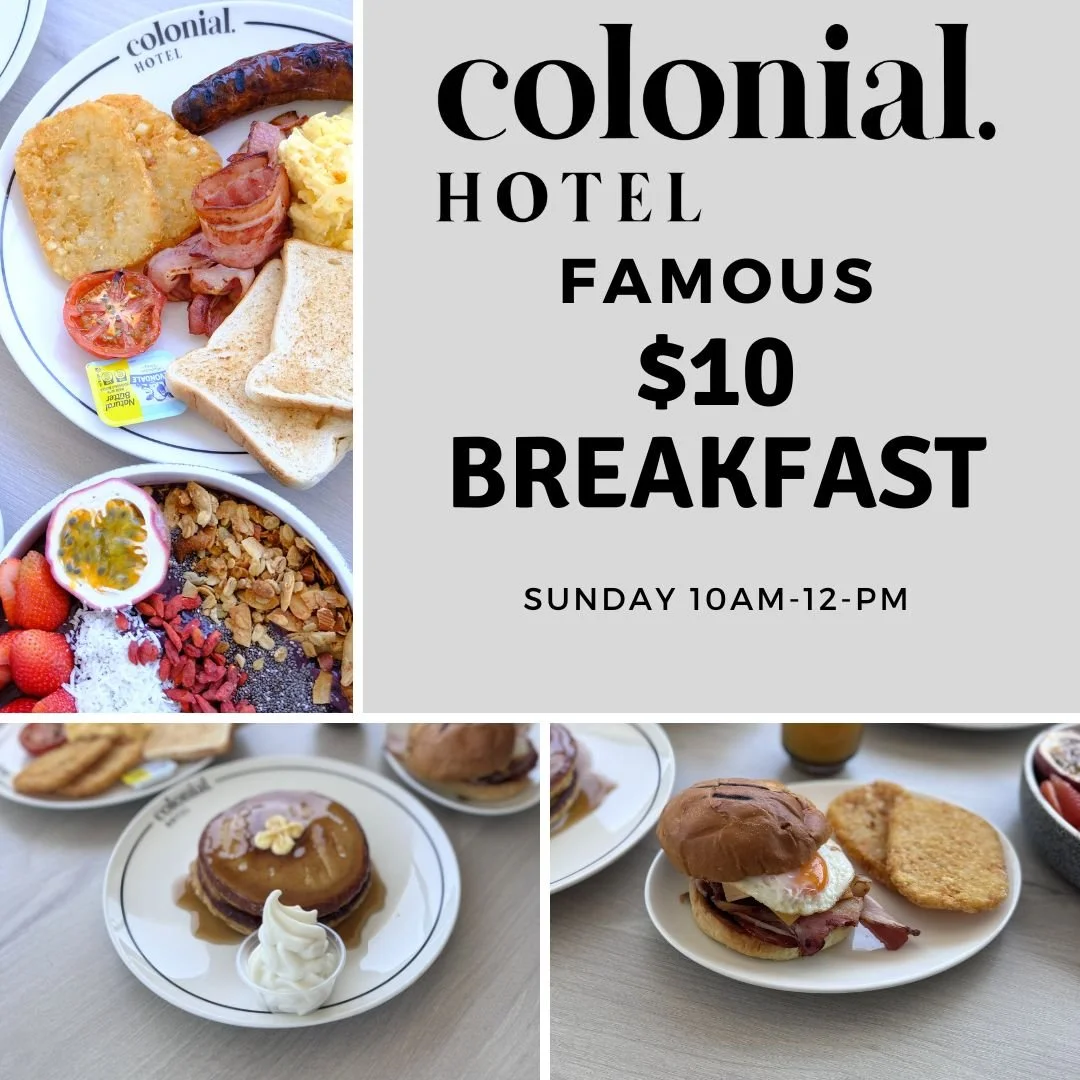 🍳☕ SUNDAY BREAKFAST FOR JUST $10! ☕🍳

Sunday mornings are better at the Colonial Hotel! Whether you&rsquo;re after a proper Big Breakfast, something sweet or a quick bacon &amp; egg roll, we&rsquo;ve got you covered. 🤤

Choose from:
🍳 Big Breakfa