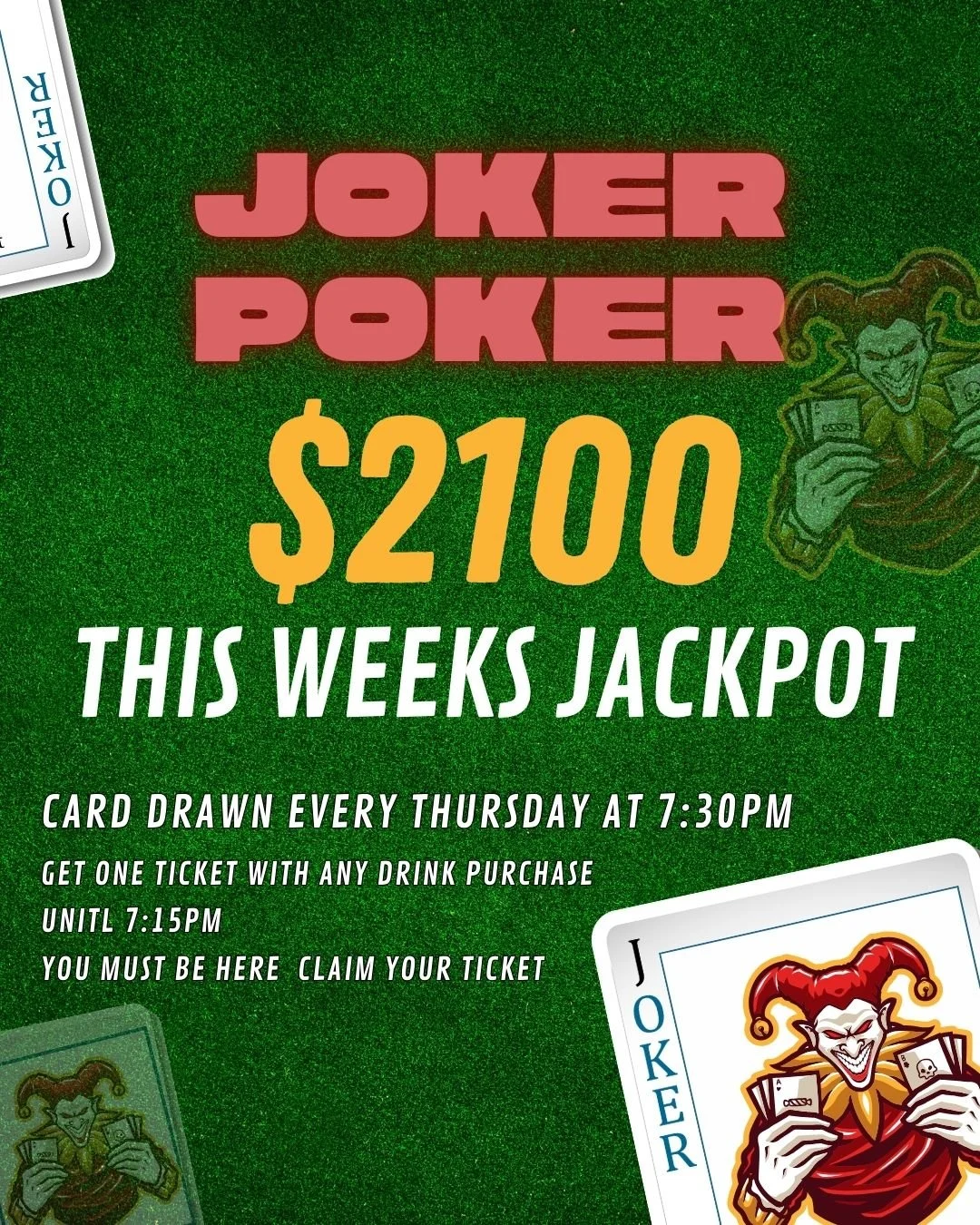 🃏💰 $2,100 UP FOR GRABS AT THE COLONIAL! 💰🃏

Feeling lucky? Our JOKER POKER JACKPOT has climbed to a massive $2,100 and this Thursday could be YOUR lucky night! 🔥💵

Will you be the one to find the Joker and take home the jackpot? 👀🍀

🃏 JOKER 