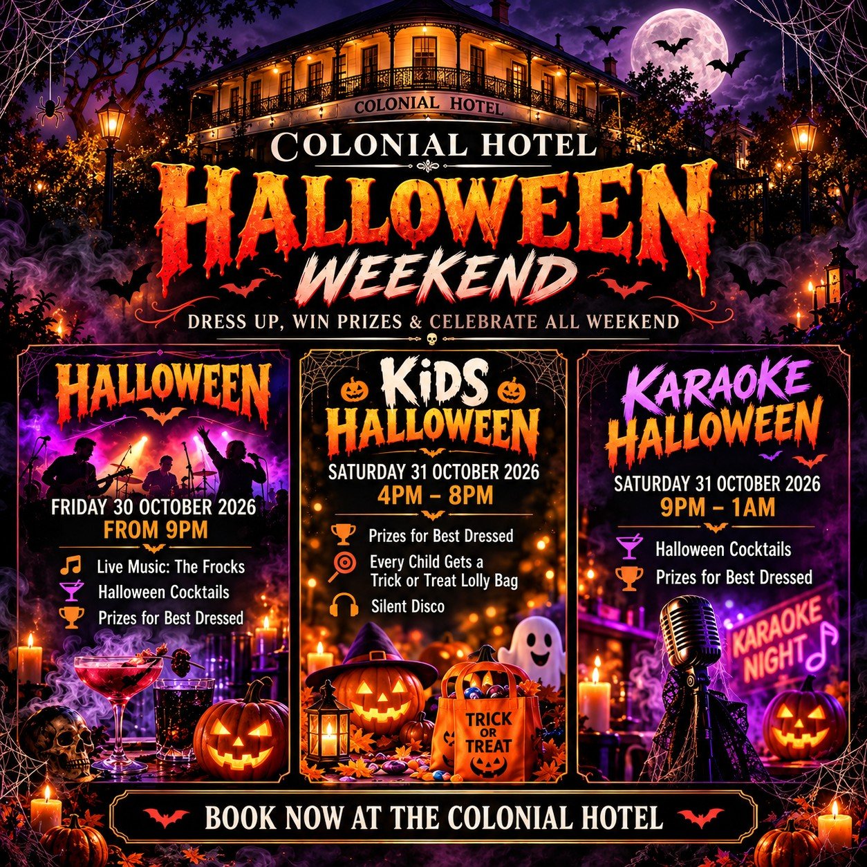 🎃👻 HALLOWEEN WEEKEND IS TAKING OVER THE COLONIAL! 👻🎃

Get ready for a SPOOKTACULAR WEEKEND at the Colonial Hotel! We've got two massive days of Halloween fun lined up, with live music, kids' activities, karaoke, spooky cocktails and plenty of pri