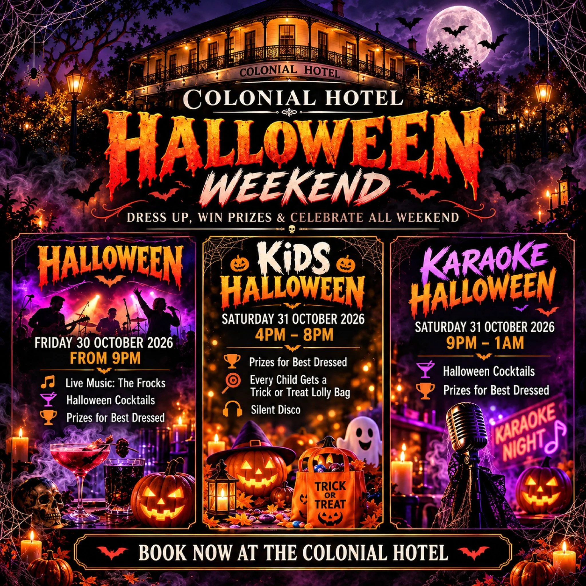 🎃👻 HALLOWEEN WEEKEND IS TAKING OVER THE COLONIAL! 👻🎃
Get ready for a SPOOKTACULAR WEEKEND at the Colonial Hotel! We've got two massive days of Halloween fun lined up, with live music, kids' activities, karaoke, spooky cocktails and plenty of priz