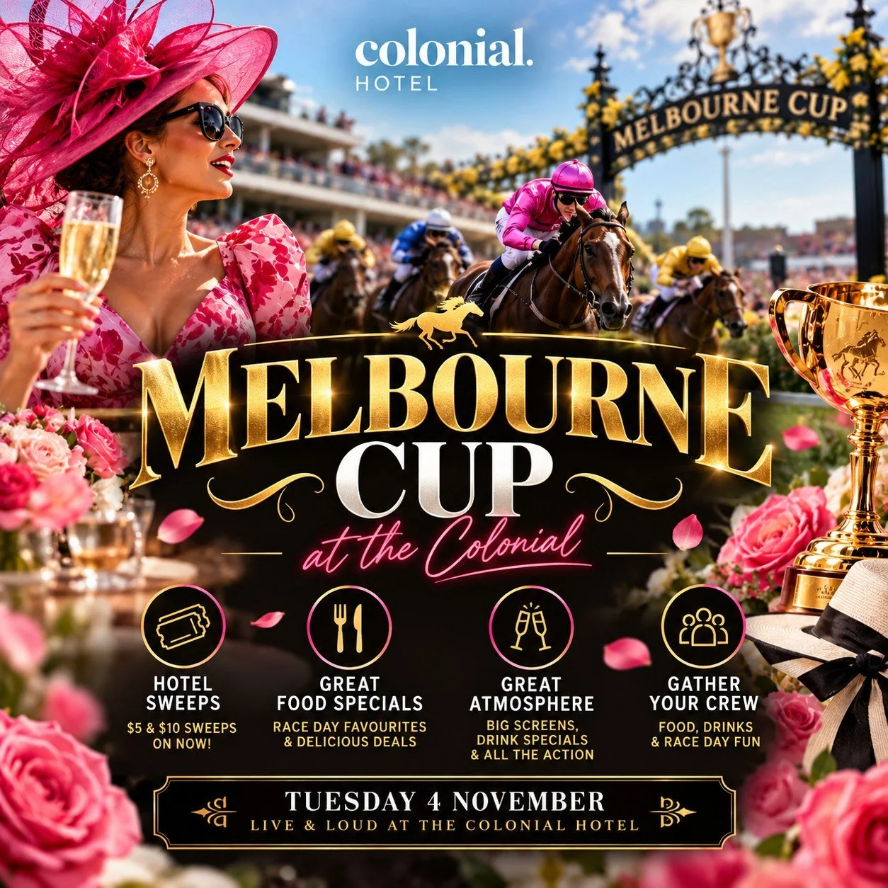 🏇🏆 MELBOURNE CUP DAY AT THE COLONIAL! 🏆🥂

The race that stops the nation is nearly here, and we're getting ready for a HUGE Melbourne Cup celebration at the Colonial Hotel! 🍾✨

Gather your friends, dress for the occasion and join us for a fantas