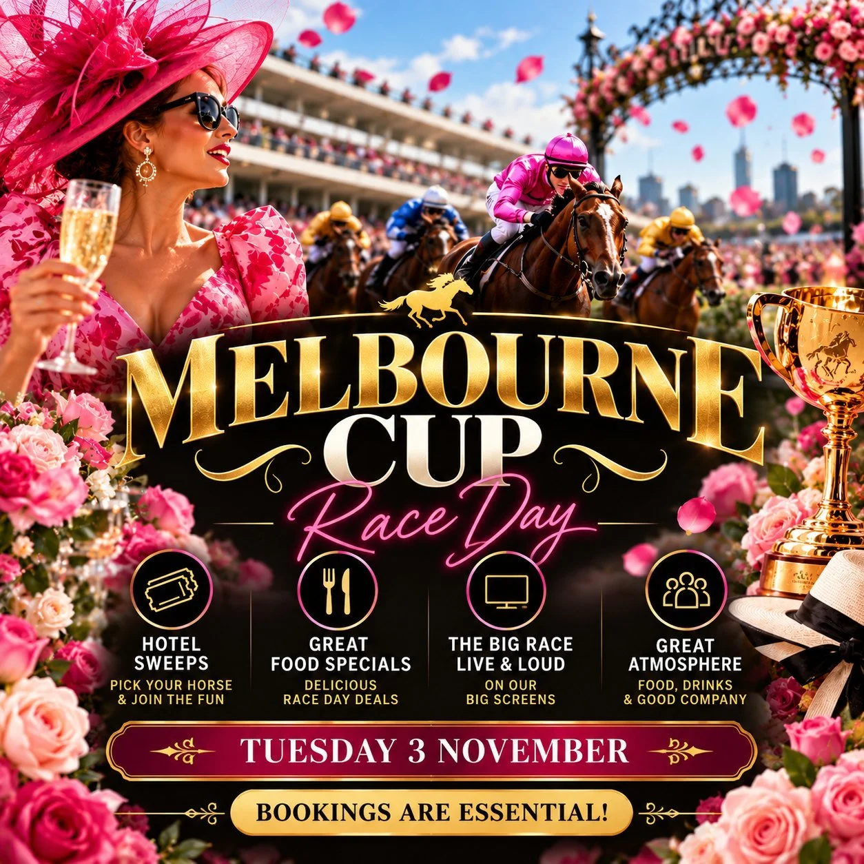 🏇🥂 MELBOURNE CUP DAY &ndash; THE RACE THAT STOPS THE NATION! 🥂🏆
It's time to dress up, gather your friends and enjoy one of Australia's biggest racing days in style! 🌸🍾
Join us this Tuesday, 3 November for a fantastic Melbourne Cup celebration 