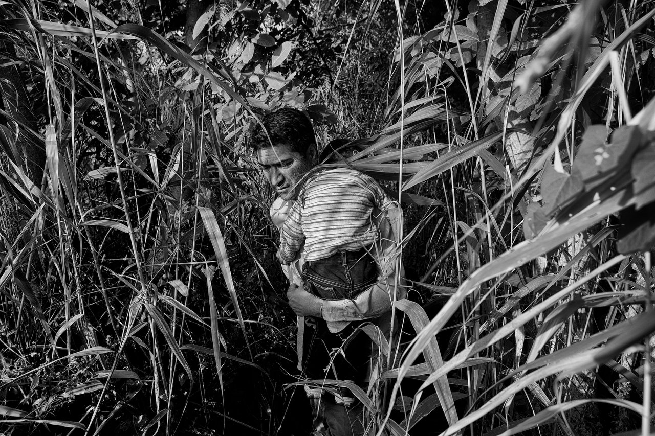  Nea Vyssa, Greece. A family from Afghanistan hide in a cornfield. 