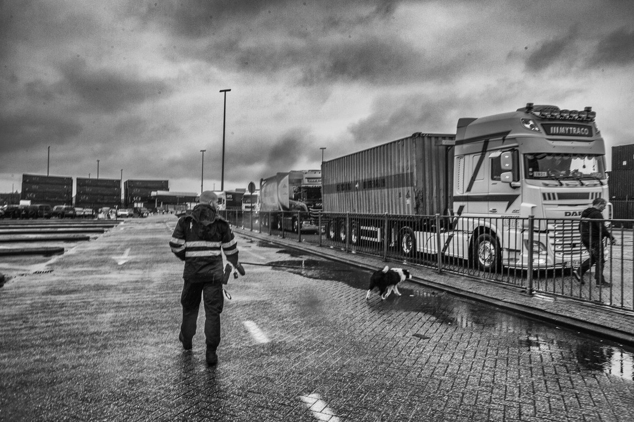  A local police go around to check trucks in the port of Zeebrugge in the belgian coast, on February 9, 2016. Local harbor police detain hundreds of transmigrants hide in the lorries to UK. The company P&O ferries will pay 2.500 euros fine in case a 