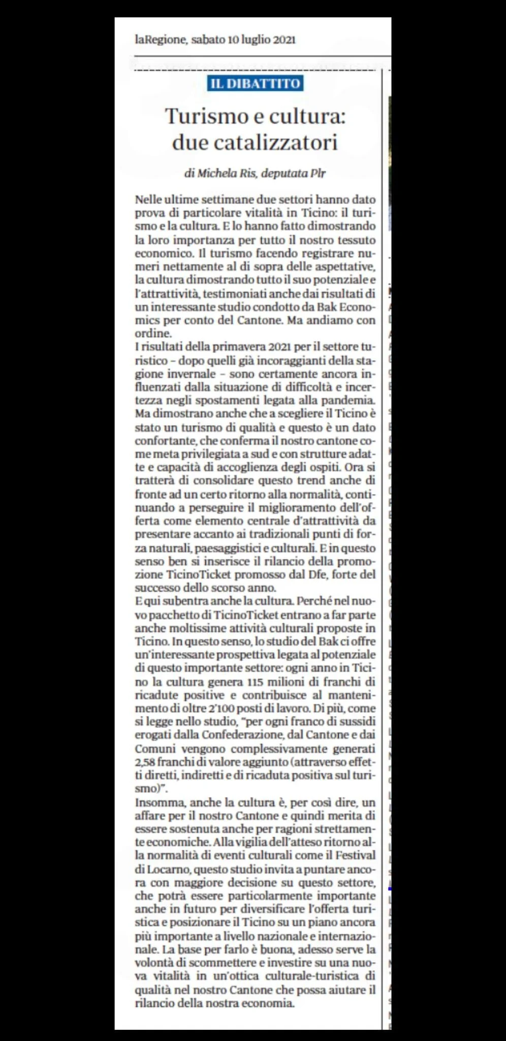 La Regione 10.07.2021 -  Turismo e cultura: due catalizzatori per la nostra economia