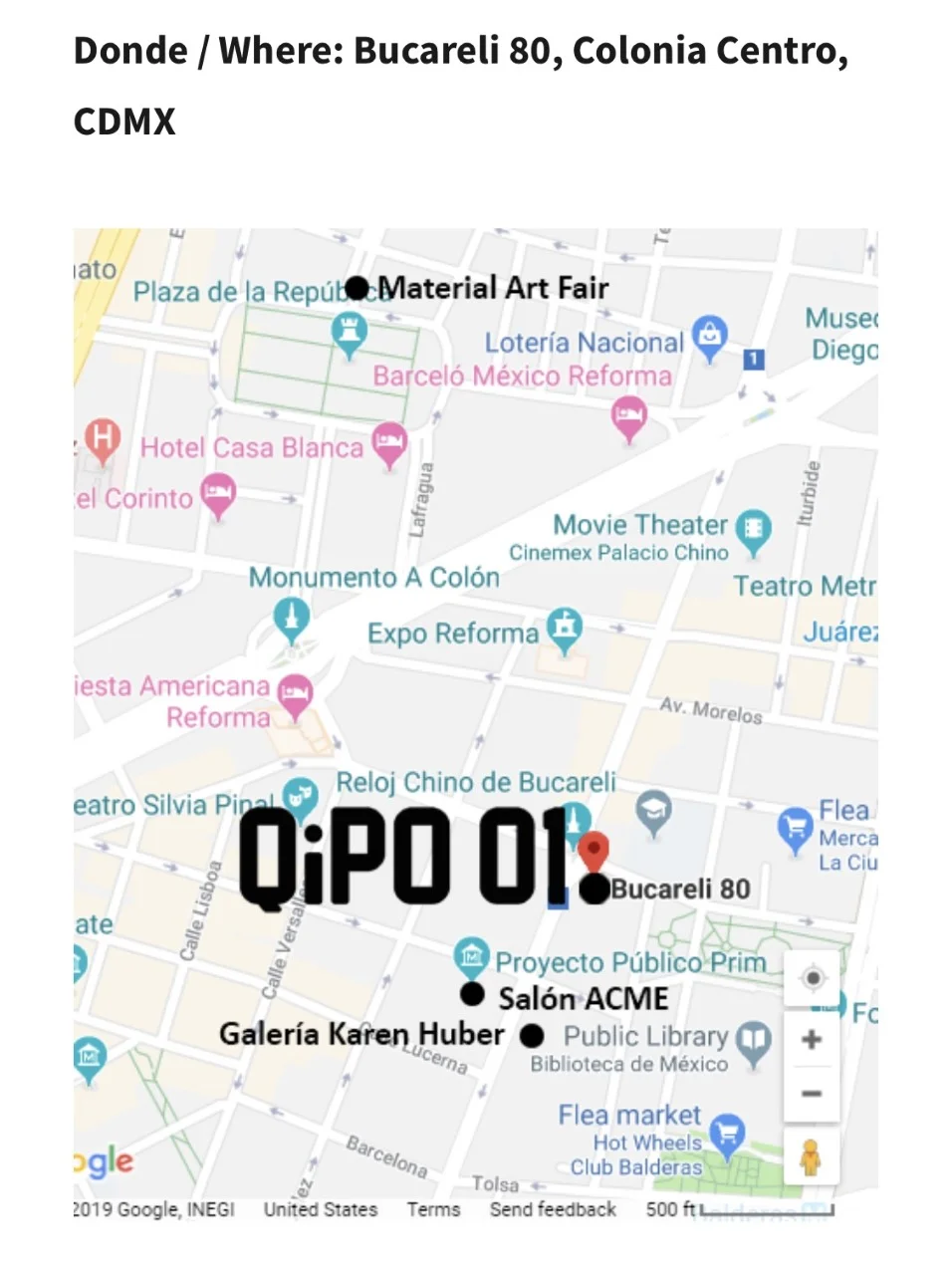 Super excited to announce that to kick off February 2019 we will be showing the incredible work of 7 amazing artists at the first QiPO project iteration in Mexico city. If you are in Mexico for art week stop by Barely 88, Colonia Centro, CDMX Feb 7,8,9 and see works by Carolyn Castaño, Ron Athey, Zeina Baltagi, Thinh Nguyen, Star Montana, Robin Kang, and John Geary. Ck out what people are saying about our project in the links below: https://www.dondeir.com/cultura/semana-del-arte-2019-zona-maco-material-art-fair-y-salon-acme/2019/01/ Glits : Art Fair Week Guide (among 4 recommended events) http://www.glits.mx/guia-glits-para-la-semana-del-arte-2019-en-cdmx/ Clasico DMX: http://www.clasicodmx.mx/primera-edicion-de-qipo-01-ciudad-de-mexico/ Interview with Laura: http://snn.imer.gob.mx/laferia/2019/01/29/abrir-espacios-y-abrirse-a-otros-publicos-qipo-01/ Event Listing: https://www.evensi.com/qipo-01-mexico-city-bucareli-80-centro-06010-cuauhtemoc-cdmx-exico/286296684 https://thehappening.com/happening/qipo-01/2019-02-07/ http://gastv.mx/qipo-01-primera-edicion-de-intervencion-de-espacios/