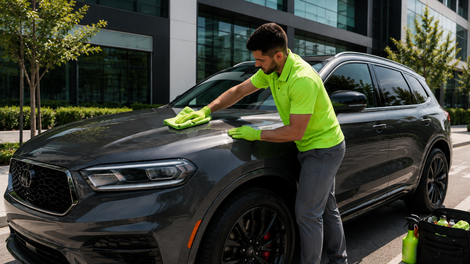 Two No-H2O car valeting technicians cleaning a black sports car in a modern detailing facility with branded wall signage.