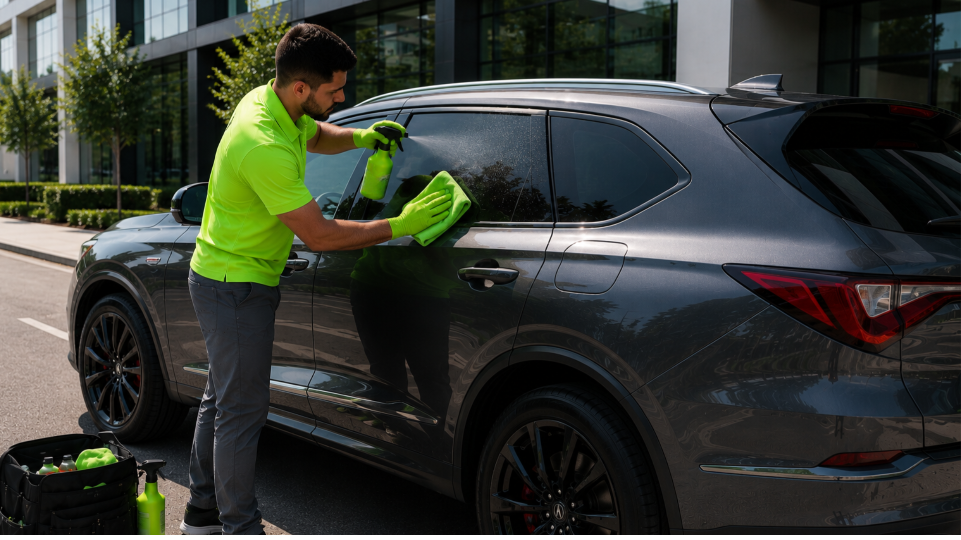 Person cleaning a vehicle interior using a green spray bottle while wearing a brown cap and yellow-green gloves.