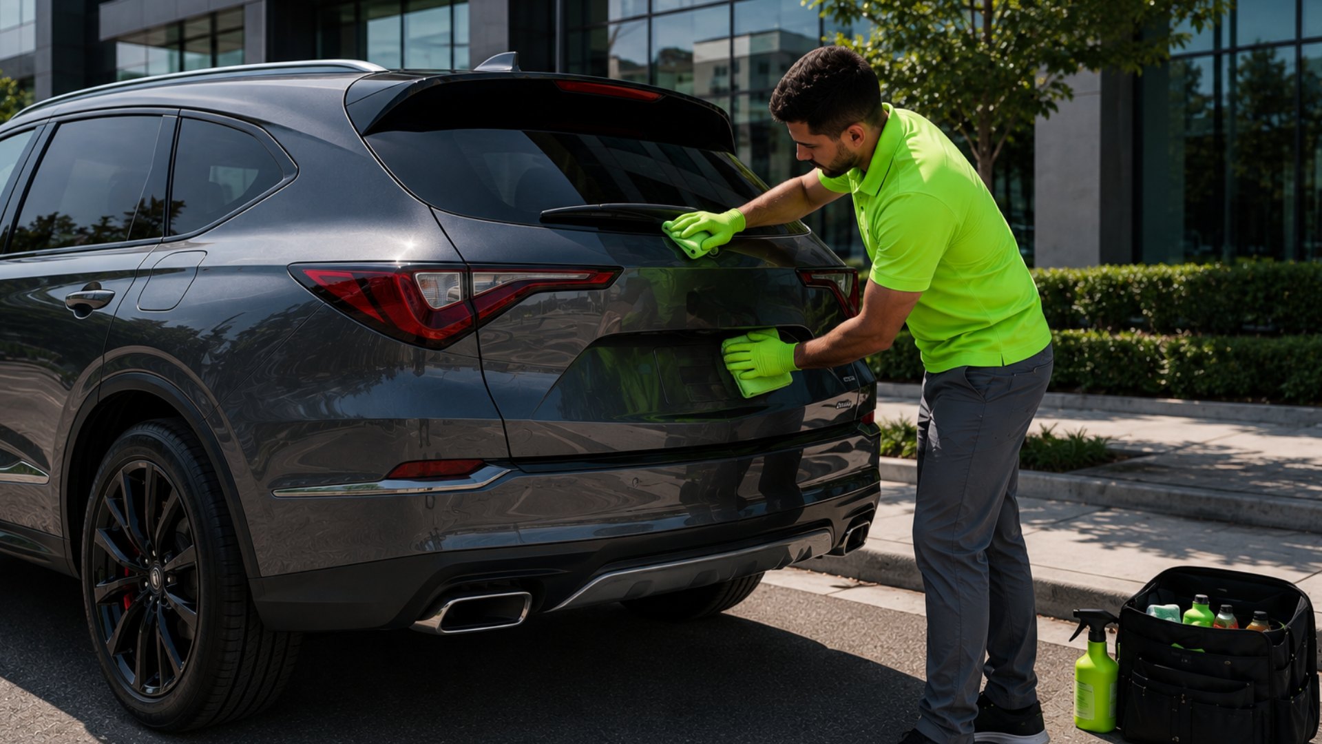 Person cleaning a black car steering wheel with a yellow green cloth while wearing green gloves.