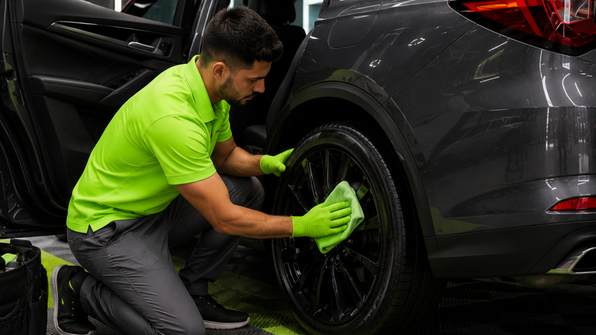 Person wearing a bright green shirt and matching gloves cleaning a car seat outdoors, using a spray bottle and wiping the surface with a cloth for detailing and interior car maintenance.