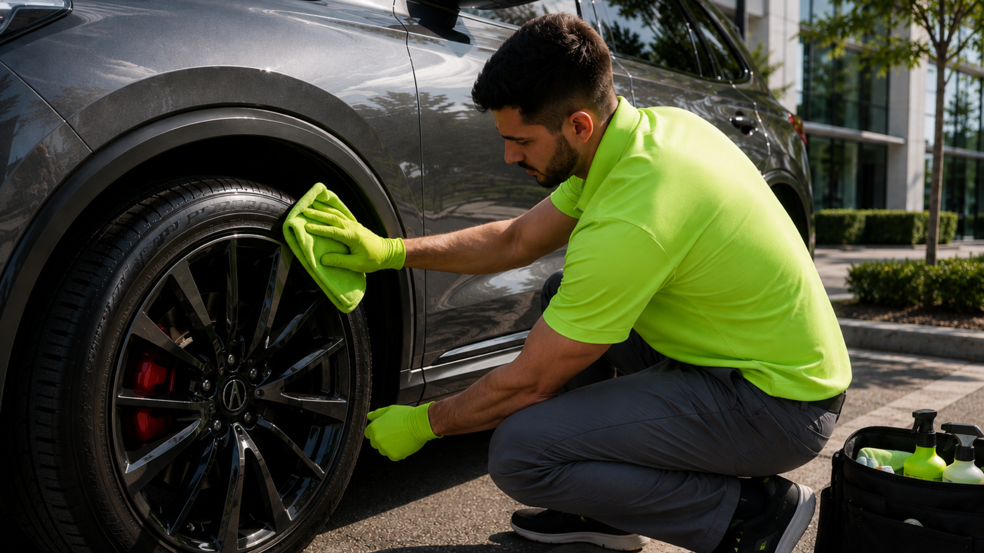 No-H2O car valeting technician cleaning a black car roof with a cloth in a car park.