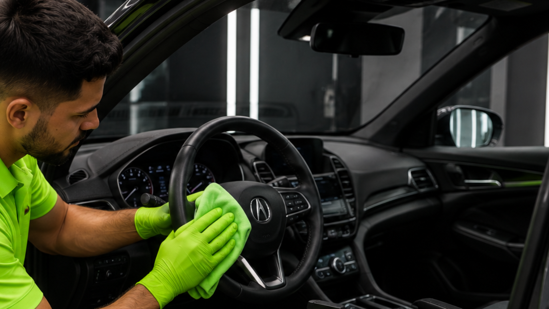 Person inside a car cleaning the center console using a yellow-green cloth while wearing matching yellow-green gloves, with the dashboard and air vents visible, showing interior car detailing and maintenance.