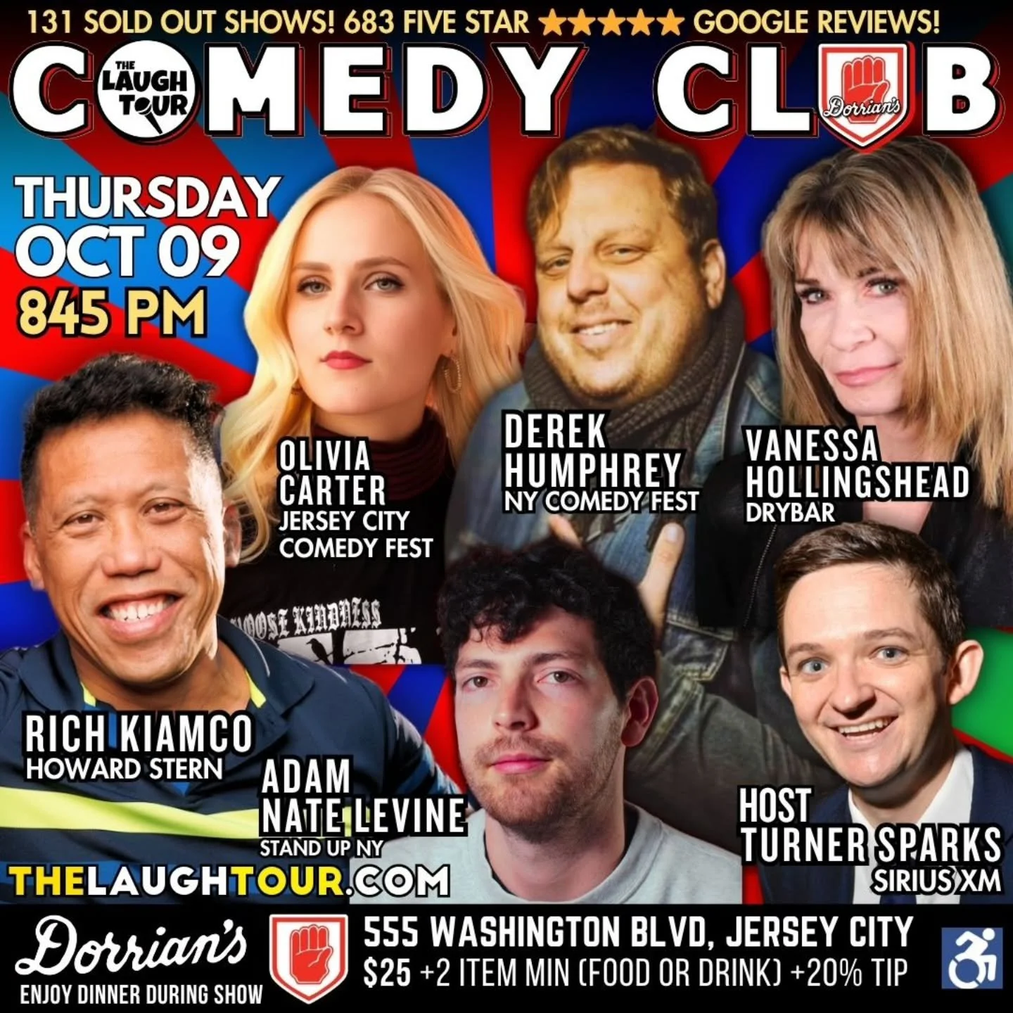 THURSDAY OCT 09 @ 8:45 PM * Hosted By Turner Sparks, Dry Bar Comedy
Derek Humphrey NY Comedy Fest [THU 845P]
Olivia Carter Tonight Show[THU 845P + FRI 730P + SAT 630P]
Rich Kiamco Howard Stern [THU 845P + ALL FRI + ALL SAT]
Vanessa Hollingshead Showt