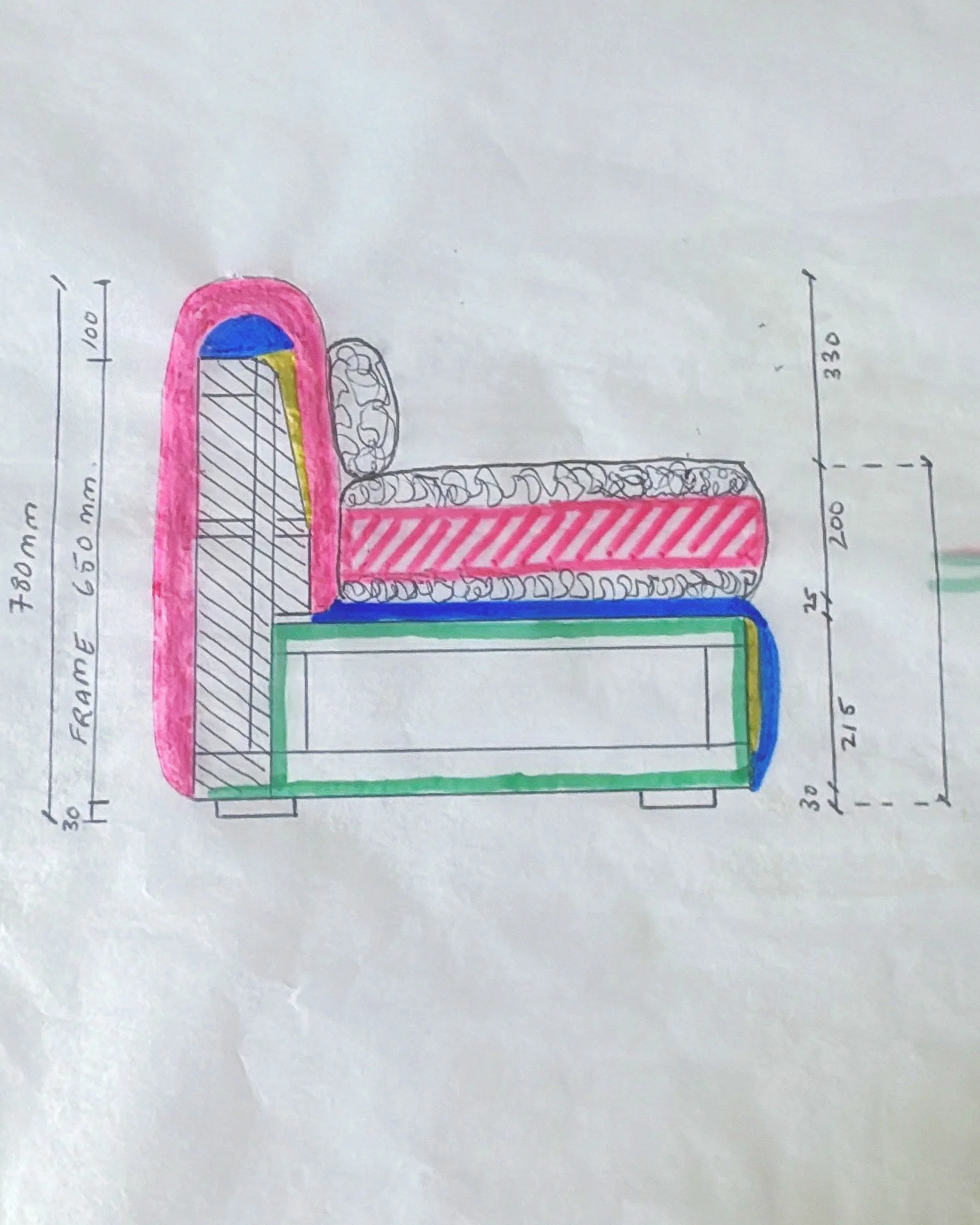 Hand-drawn technical diagram of a cross-section of a sofawith multiple colored layers, including pink, yellow, blue, and green, with measurements labeled in millimeters.