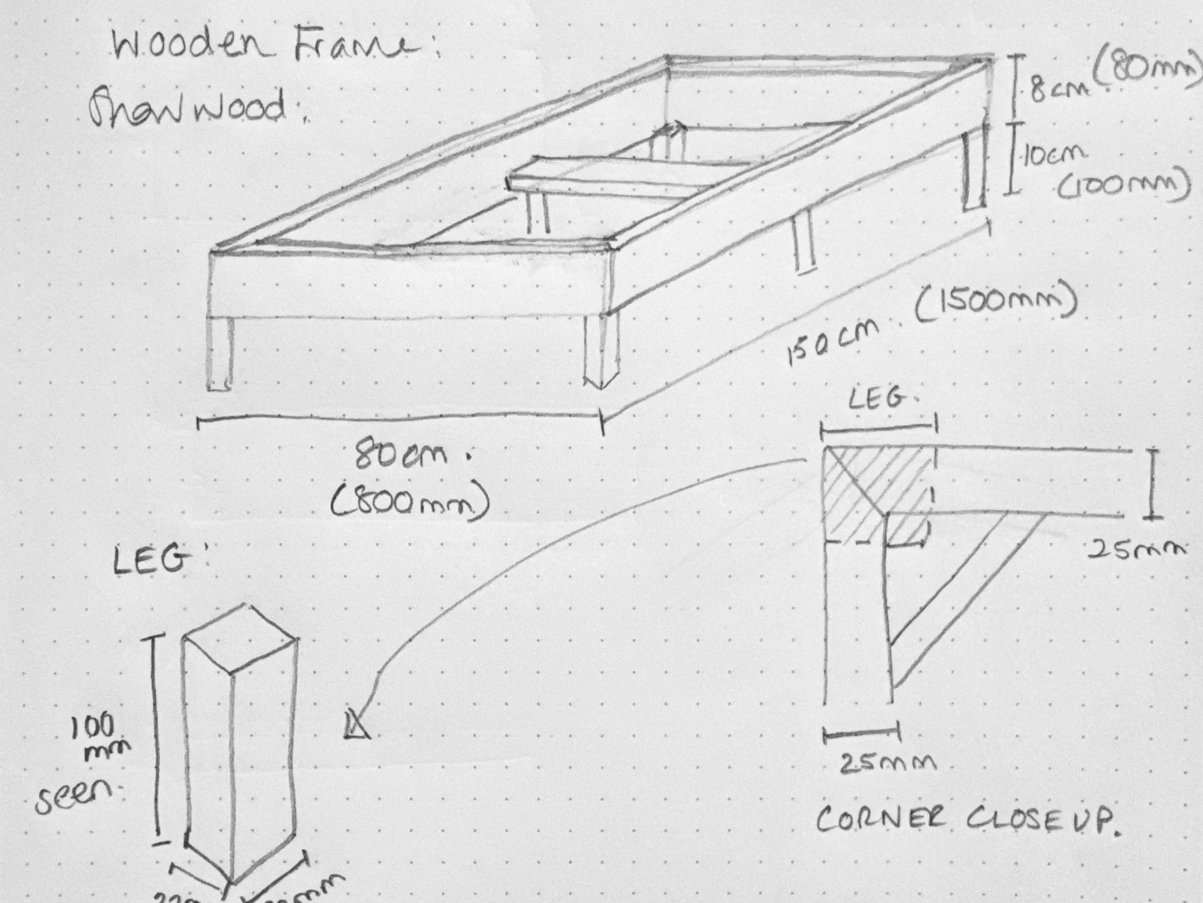 Hand-drawn sketch of a wooden frame for a piece of furniture. The frame measures 150cm in length, 80cm in width, and 8cm in height, with detailed measurements of support legs and crossbars.