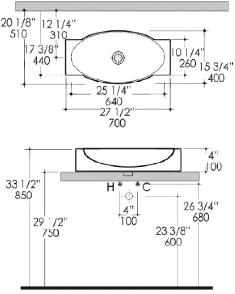 LACAVA block oval basin counter sink, image 2, 70 w x 440 deep x 100cm high, White Ceramic.gif