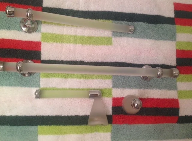 Vintage Rapsel Nito towel rail 40cm and addtl single mount 30cm hand towel rail, tissue holder and hook, Suffused White Glass with fine PC mounts.jpg