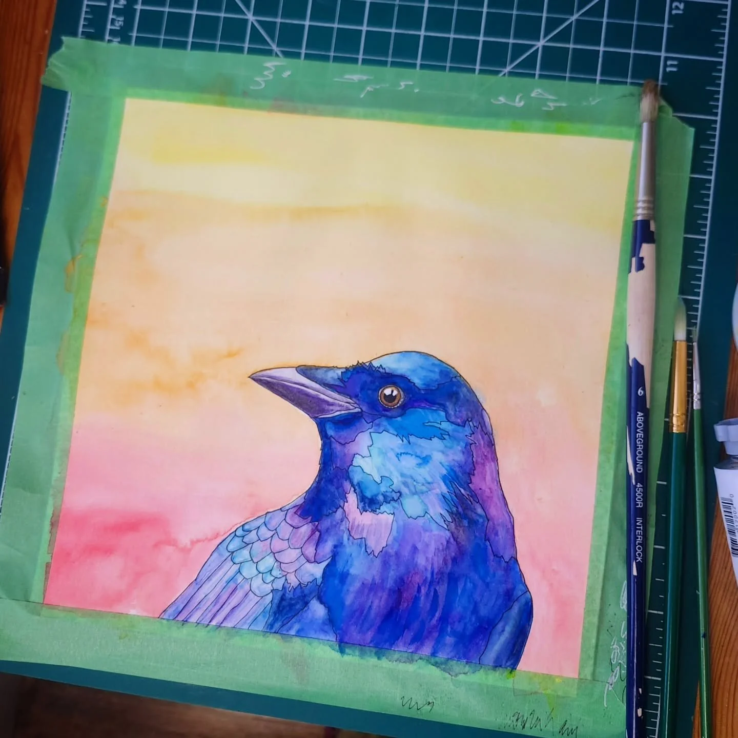 Is it finished..? I think so. Making sure before I remove the painters' tape. 😏 I took some liberties with the colours of this crow. 🎨🙌
.
.
Watercolour and ink on watercolour paper
9" x 9"