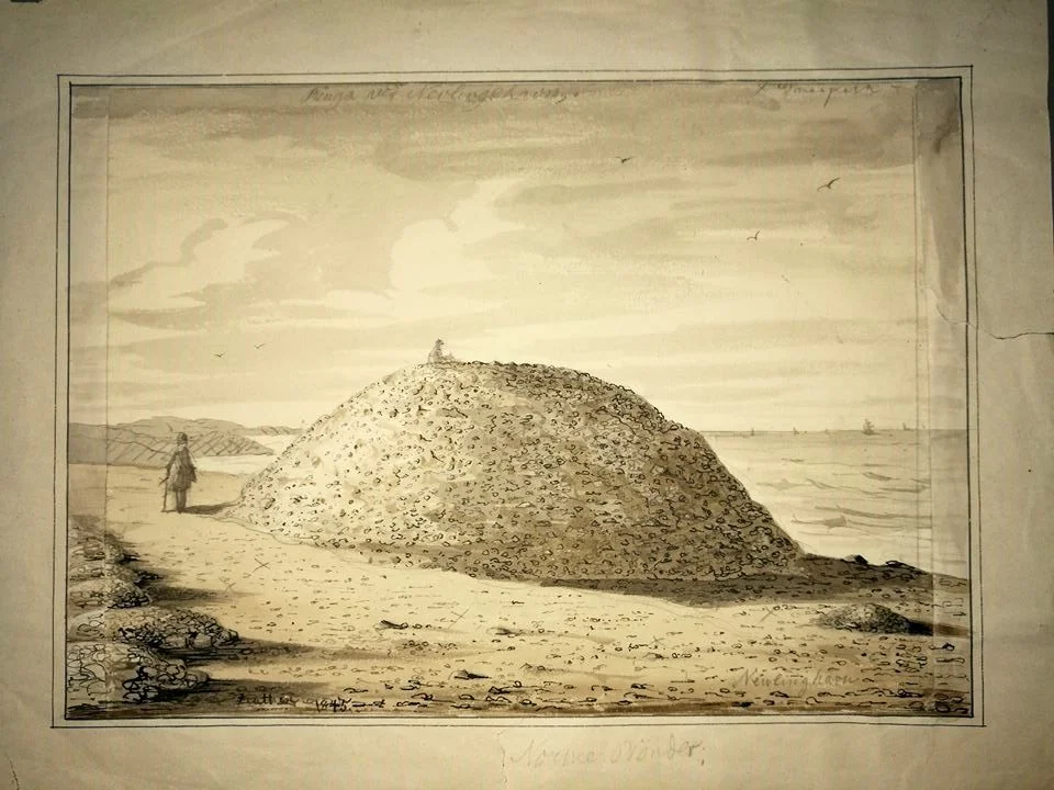 Zeutens maleri av “Skipsrøysa” på Mølen, Brunlanes. På maleriet er det blant annet notert “Nevlunghavn” Foto: Kulturhistorisk Museum, UIO /Anne Britt Halvorsen.