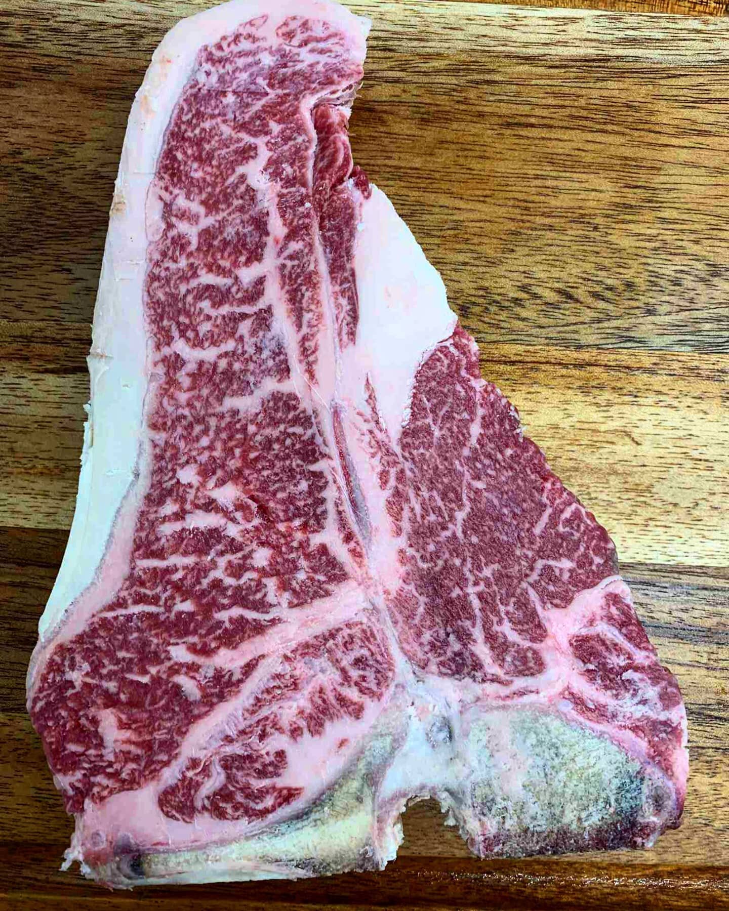 This is a 60 day dry aged, locally raised wagyu t-bone and it's available this weekend... we don't see these very often and they're guaranteed to impress!