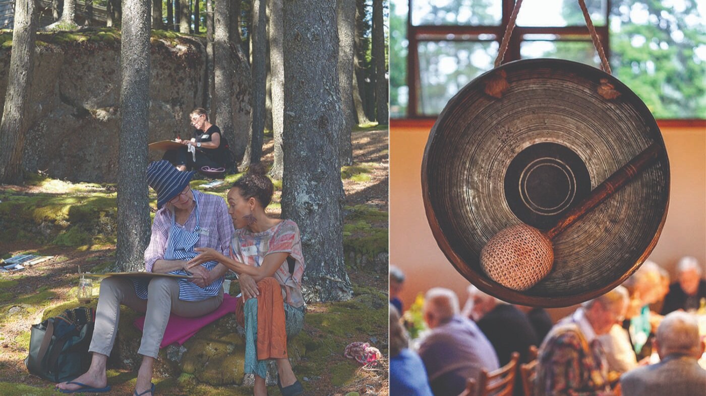 Left: Women paint in the woods; Right: A gong summons people to the dining hall at Haystack