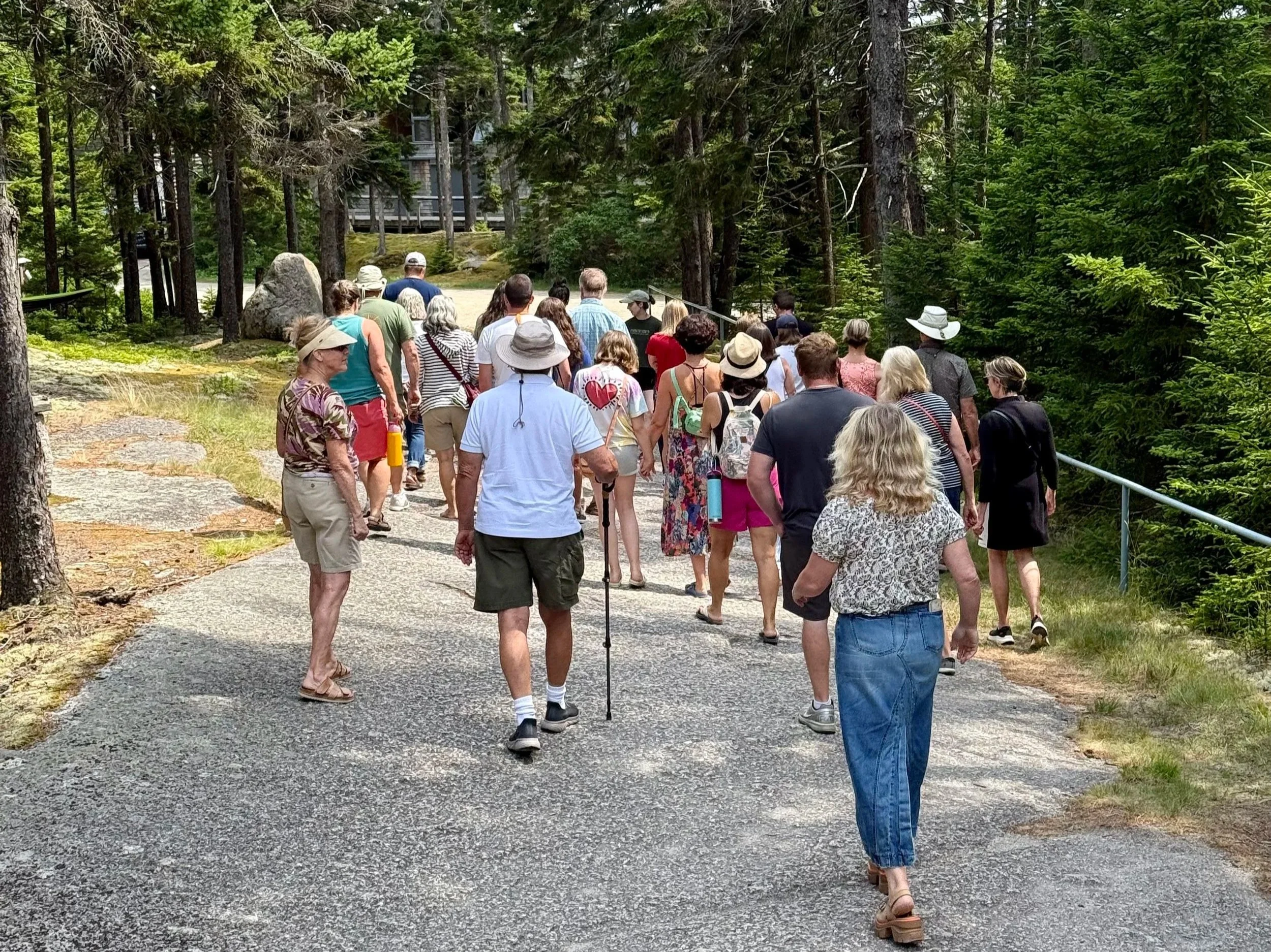 Group of people on Haystack tour wearing colorful summer clothing walking down gray granite hill in a green forest.