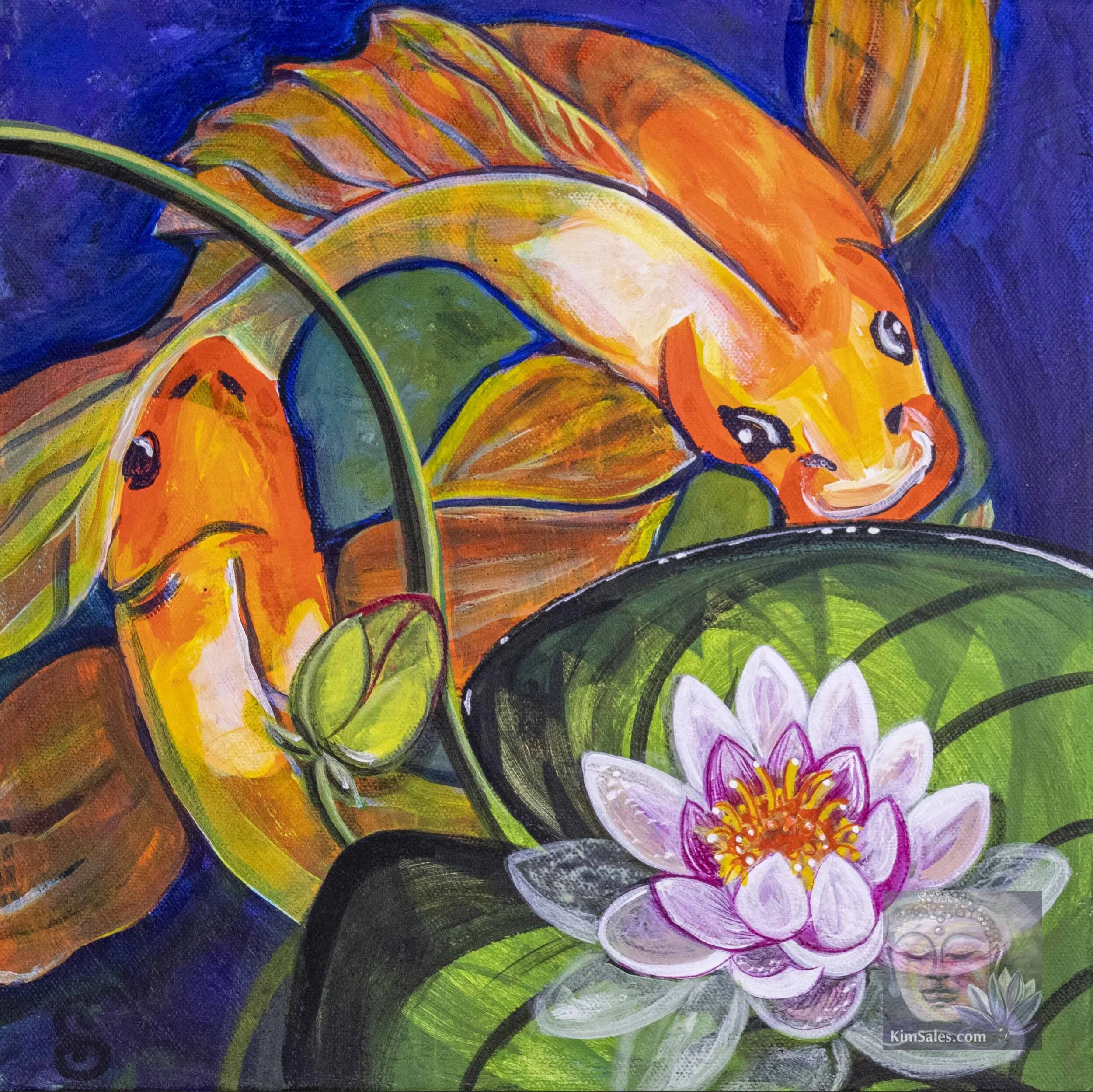 Koi & Lotus - Acrylic on Canvas 12" x 12"