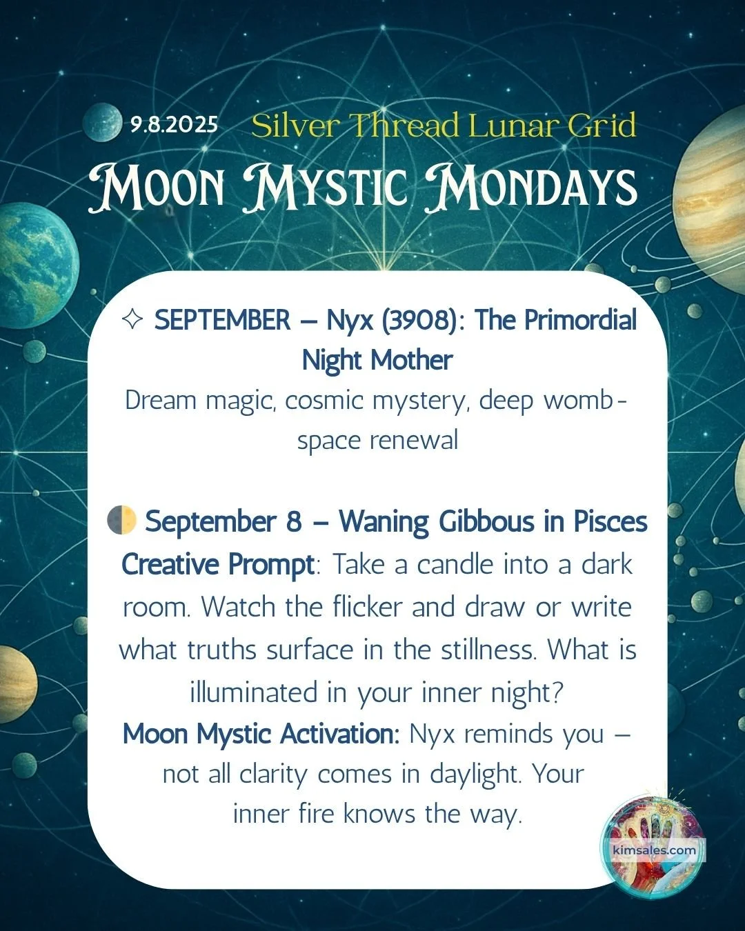 🌖 Your Moon Mystic Monday 💖 Prompt for a candle lit awakening!

#MoonMysticMonday #SilverThreadLunarGrid #NyxGoddess #LunarMagic #IntuitiveArt #CreativeRitual #SacredFeminine #MoonPriestess #AsteroidGoddesses #kimsalesartandcourses