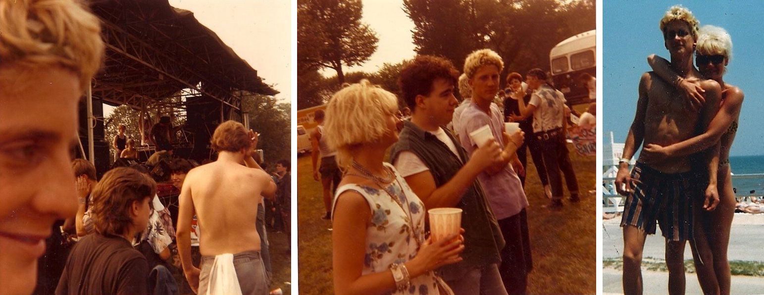 L-R: Mark at Rock Against Reagan, 1985; Jodi Mills, Pork Chop and Mark on far right at Rock Against Reagan, 1985; Mark and his girlfriend Nadia on the boardwalk, c. August 1984