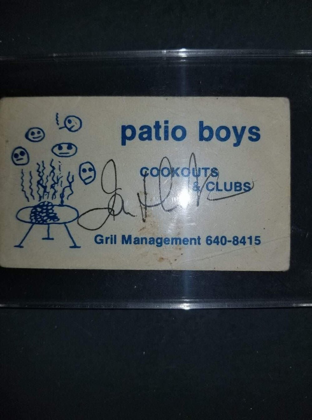 Patio Boys/Gril Management business card designed by Chris Hite with Ian Hunter (Mott The Hoople) autograph.