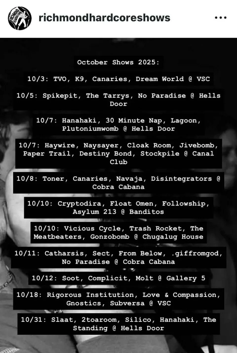 October Hardcore Shows in Richmond