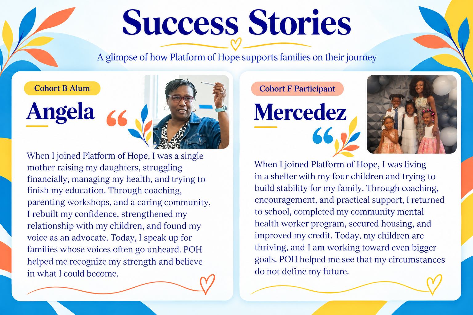 Success Stories: Angela, Cohort B Alum, and Mercedez, Cohort F Participant, share how Platform of Hope supported their families