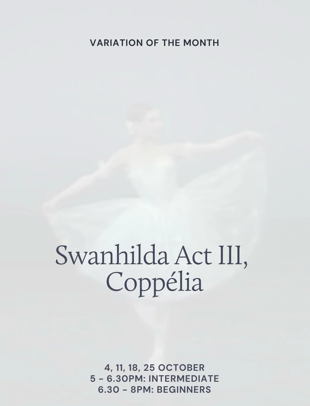 ⭐️ Announcing our October Variation of the Month ⭐️

We&rsquo;ll be learning Swanhilda&rsquo;s Act III Variation from Copp&eacute;lia. A joyful solo filled with buoyant footwork, playful musicality and characterisation ✨

📍 Sundays at The Place, Kin