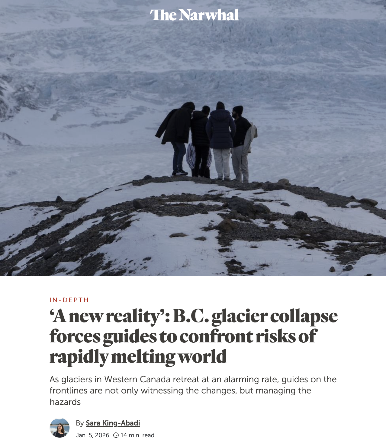 A group of people stand in front of the Athabasca Glacier in Jasper, Alta. A headline reads: "'A new reality': B.C. glacier collapse forces guides to confron the risks of a rapidly melting world. By Sara King-Abadi.
