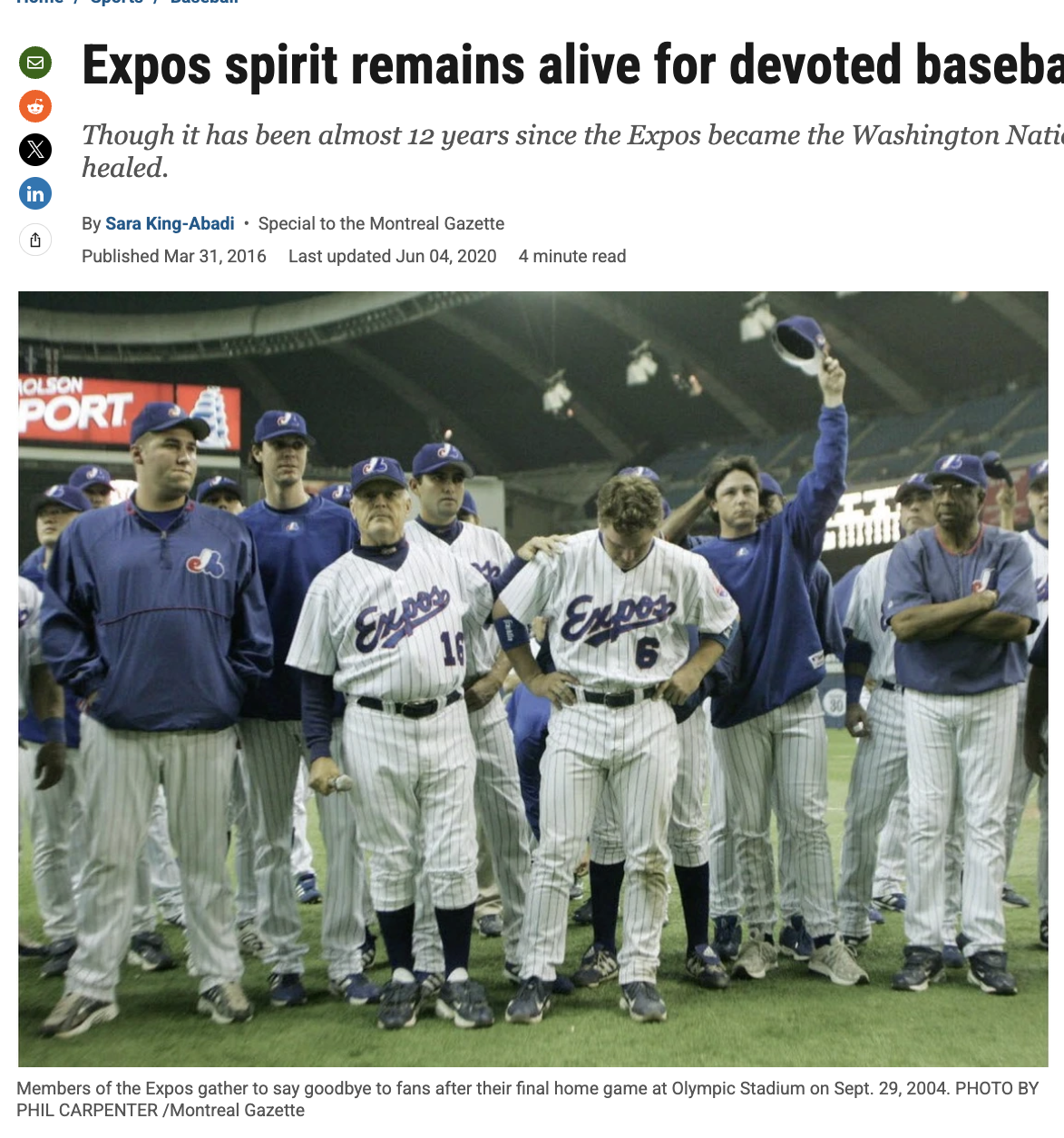 The Expos baseball team at their final home game on Sept. 29, 2004.