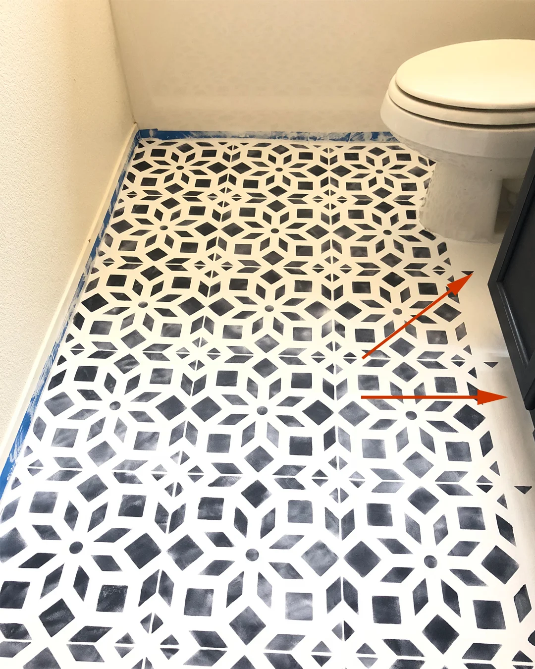 bathroom makeover on a budget, do it yourself home projects, bathroom makeover, BB Frosch, bathroom before and after, do it yourself bathroom makeover, DIY bathroom makeover, do it yourself bathroom makeover inspiration, painting linoleum floors with chalk paint, chalk paint project ideas, painting with behr paint, stencil projects, chalk painting with stencils, do it yourself stencil projects for the home, cutting edge stencils