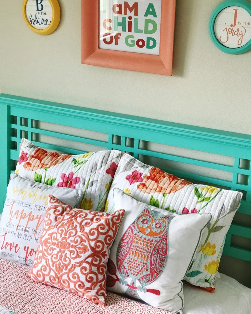 children’s bedroom makeover, kids bedroom DIY makeover, bedroom makeover on a budget, colorful bedroom, kids furniture makeover, kids furniture transformations, painted fabric, DIY painted fabric, DIY kids furniture, bright colored kids furniture, chalk paint how to, DIY chalk paint how to, stencil projects, DIY stencil projects, DIY curtain projects, DIY stencil curtain project ideas, before and after kids bedroom makeover