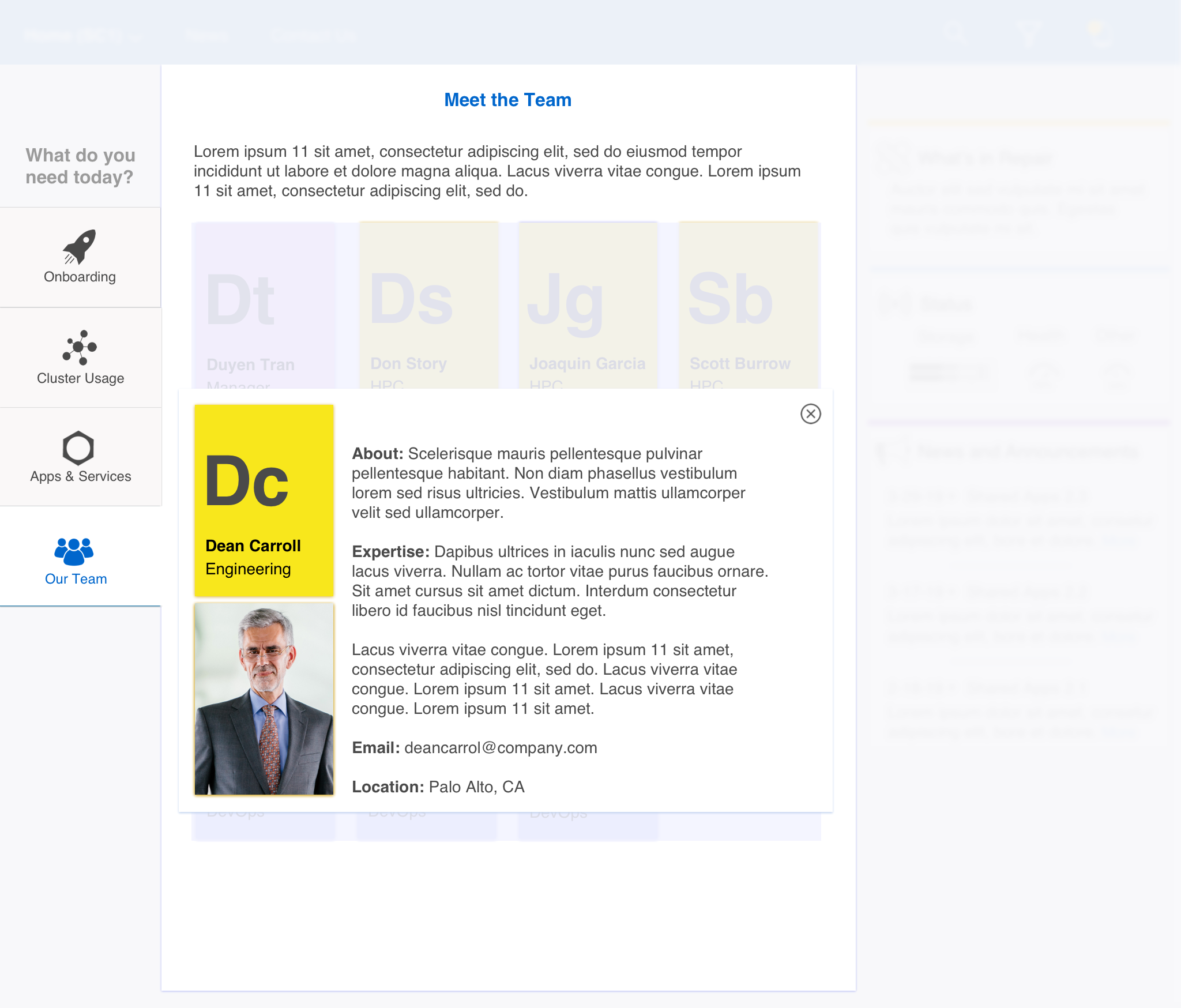 Design Challenge 3. Meet the Team page with user’s info card (partial)