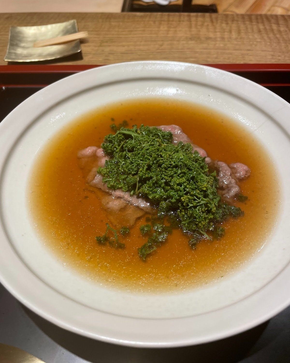 Sansho grown here is used to spice this dish of Wagyu in dashi.