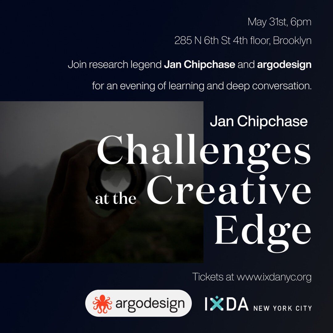 Join us at argodesign in Brooklyn for a conversation with research legend Jan Chipchase on May 31st at 6pm.

In this frank talk Jan will share the challenges of running projects where designers, researchers and other team members need to reach peak c